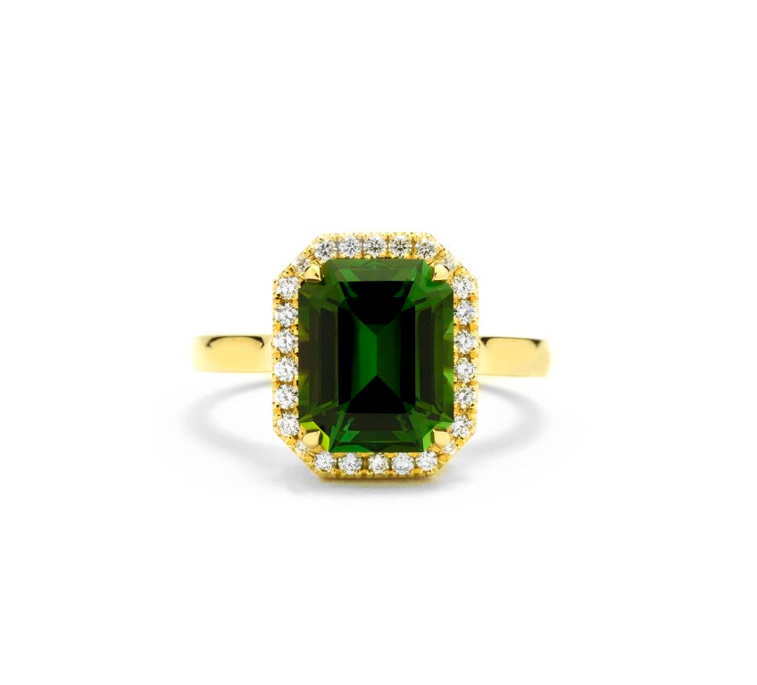 18ct Yellow Gold Emerald Cut Green Tourmaline &amp; Diamond Grace Castel Ring
