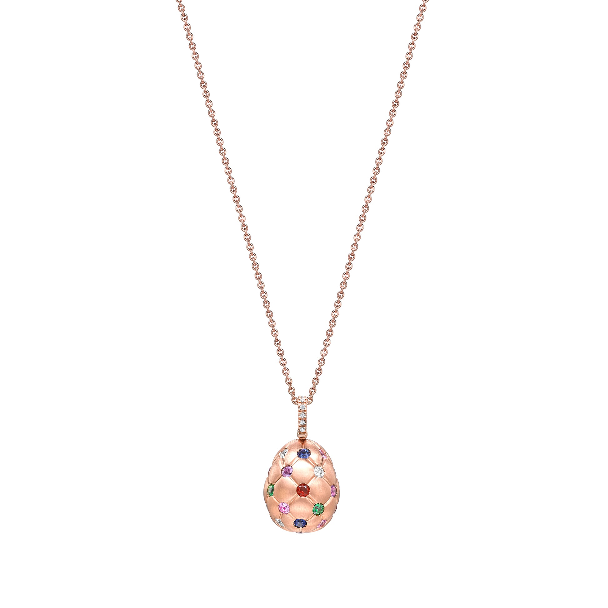 Faberge 18ct RG Brushed Treillage and Multicoloured Gemstone Set Egg Pendant on Rose Gold Trace Link Chain