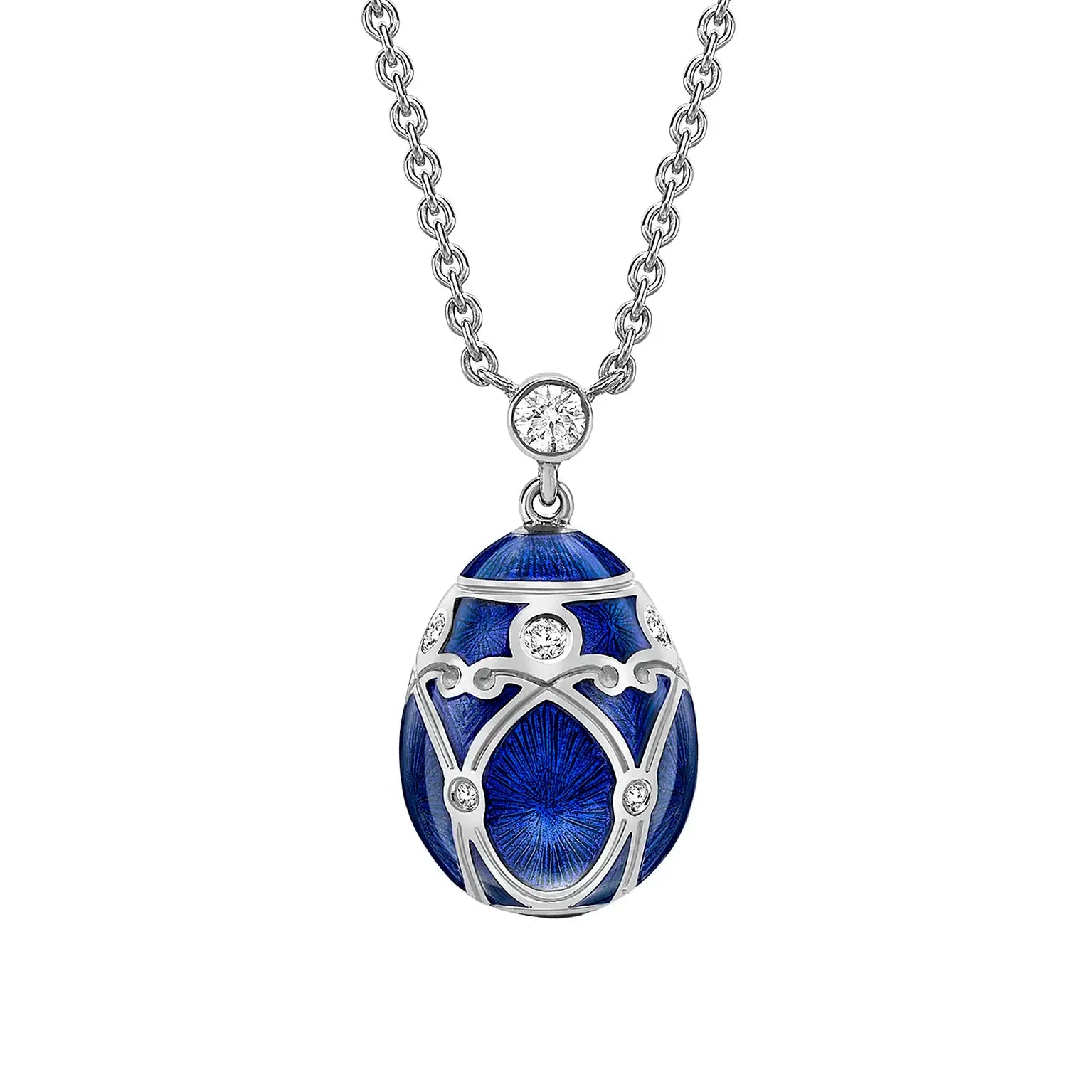 Fabergé Heritage Palais White Gold Diamond & Royal Blue Guilloché Enamel Petite Egg Pendant