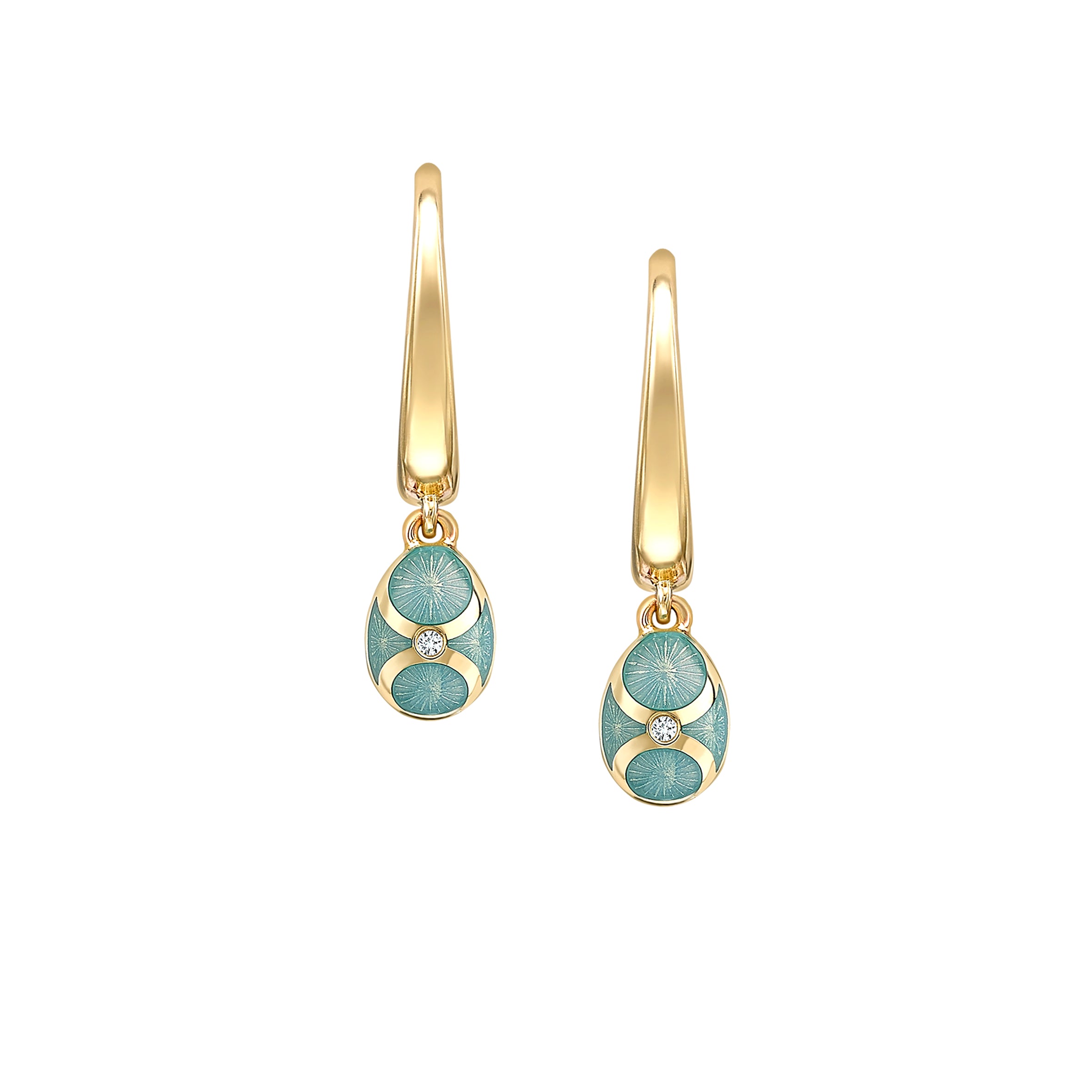 Faberge 18ct YG Heritage Diamond & Turquoise Guilloche Enamel Hoop Drop Earrings