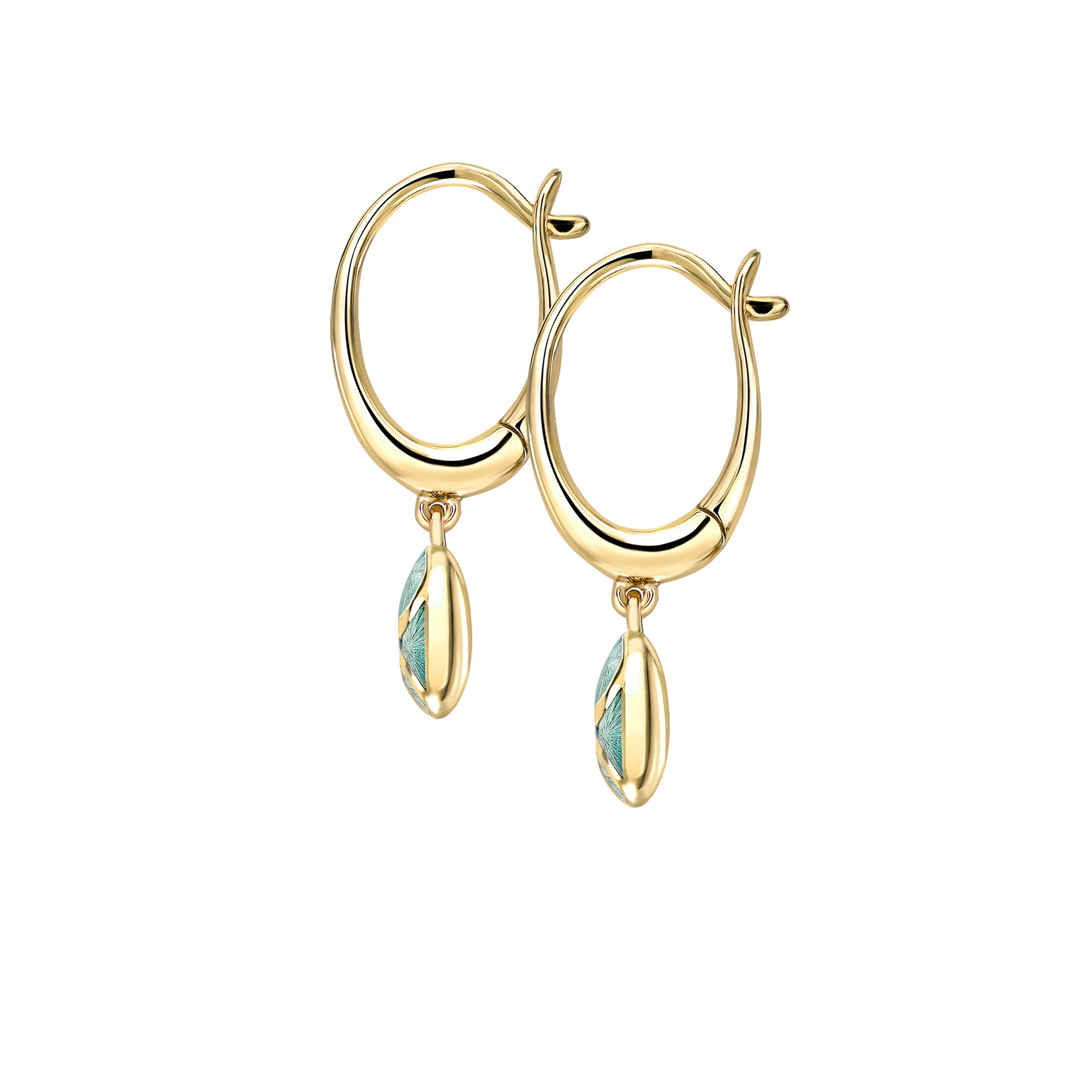Faberge 18ct YG Heritage Diamond & Turquoise Guilloche Enamel Hoop Drop Earrings