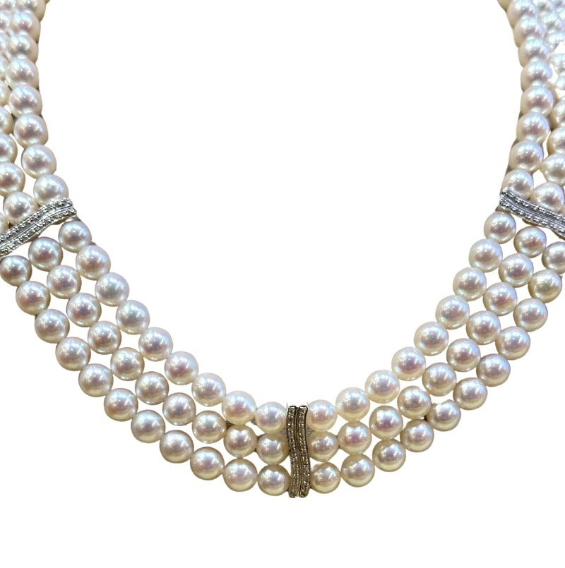 18ct White Gold 3 Row Pearl and Diamond Set Bars Necklet