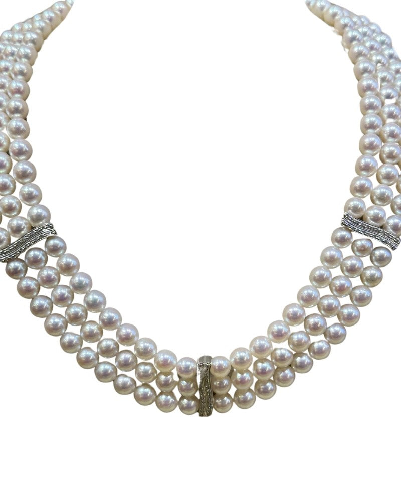 18ct White Gold 3 Row Pearl and Diamond Set Bars Necklet