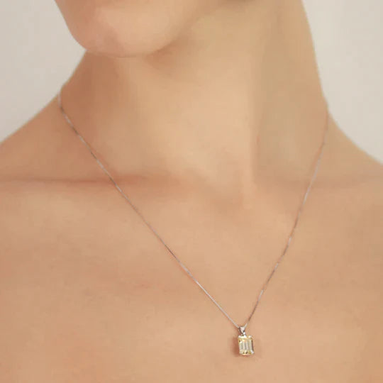 Carat London 9ct White Gold Fulton Emerald Cut Double Prong Pendant on Chain