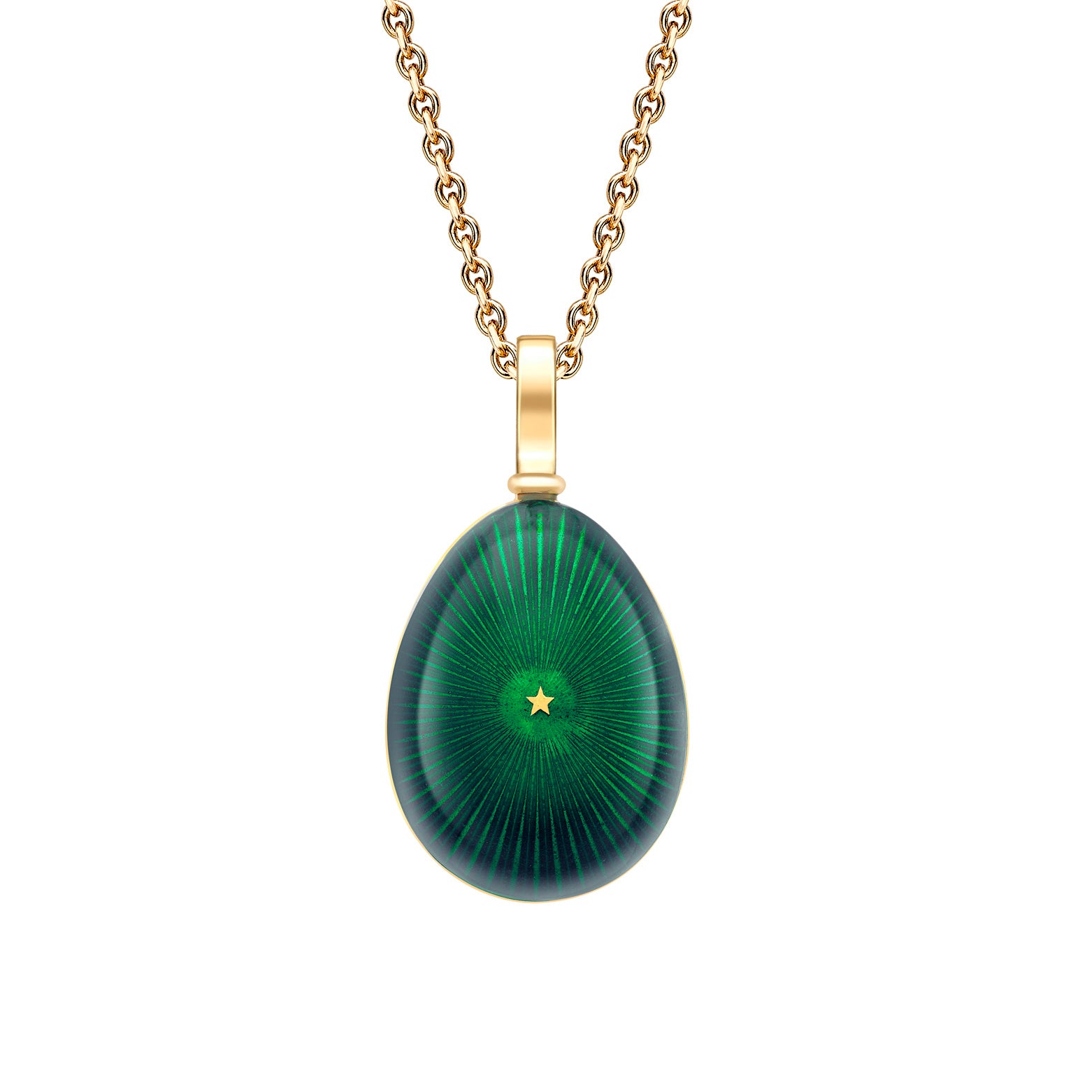 18ct YG Faberge Heritage Green Enamel Starburst Egg Pendant on Chain