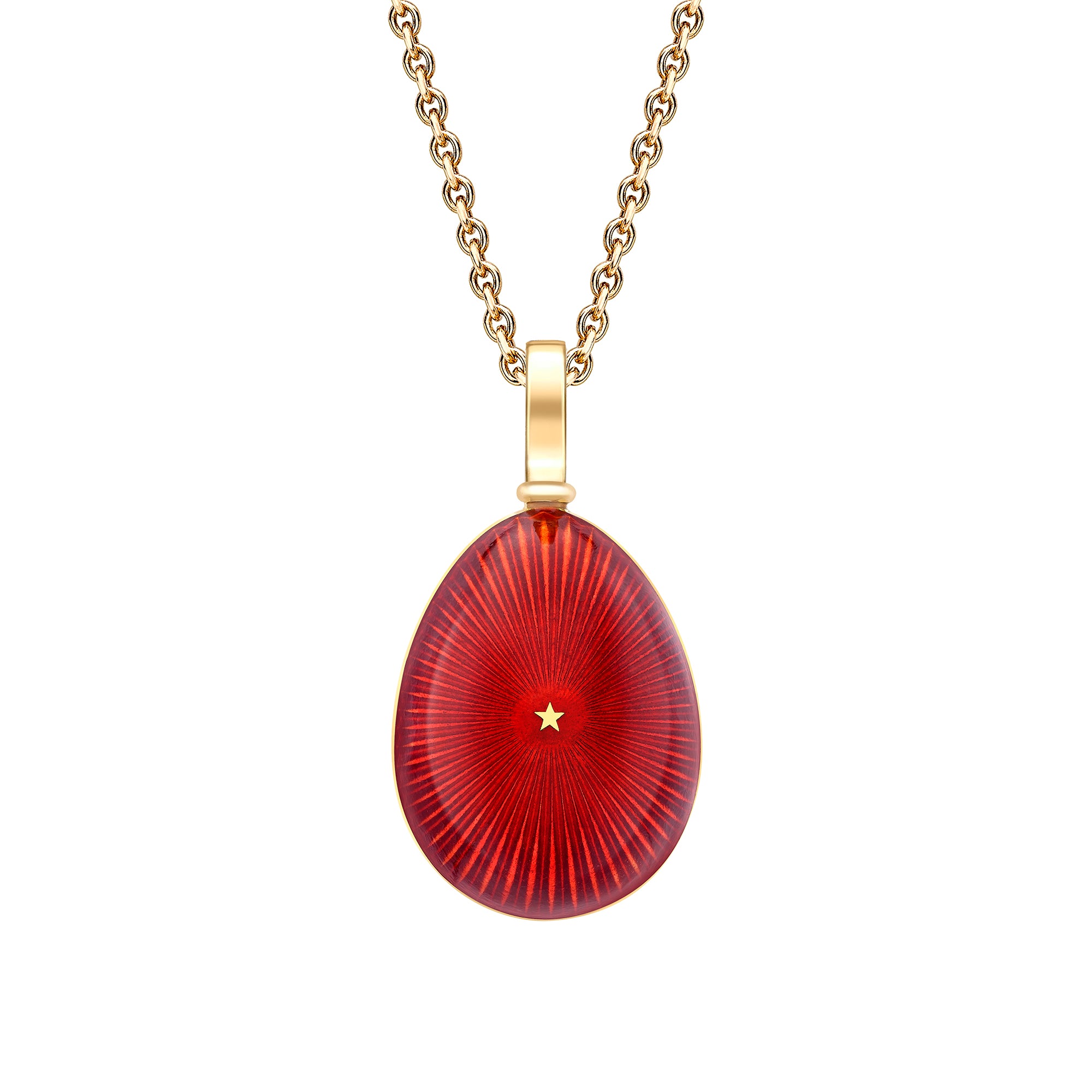 18ct YG Faberge Heritage Red Enamel Starburst Egg Pendant on Chain