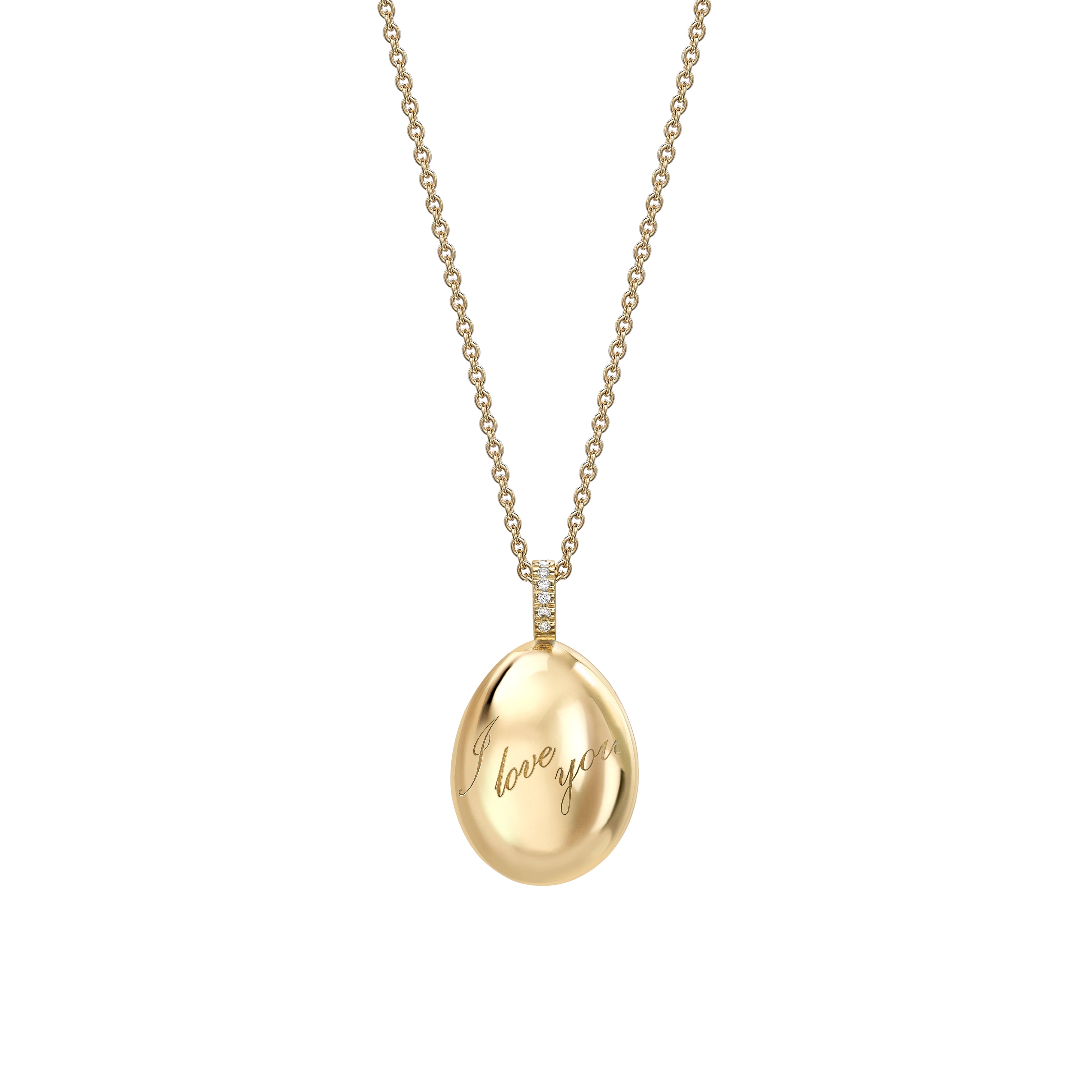 Faberge 18ct YG I Love You Diamond Set Egg Pendant on 50cm Yellow Gold Trace Link Chain