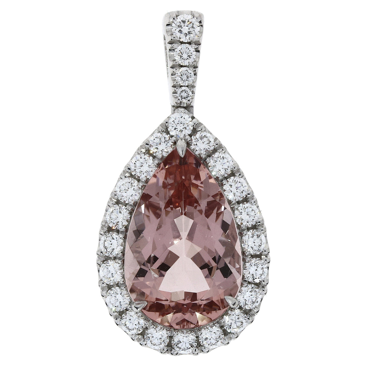 18ct White Gold Pear Cut Morganite 2.14ct and Diamond 0.29ct Cluster Pendant on Chain