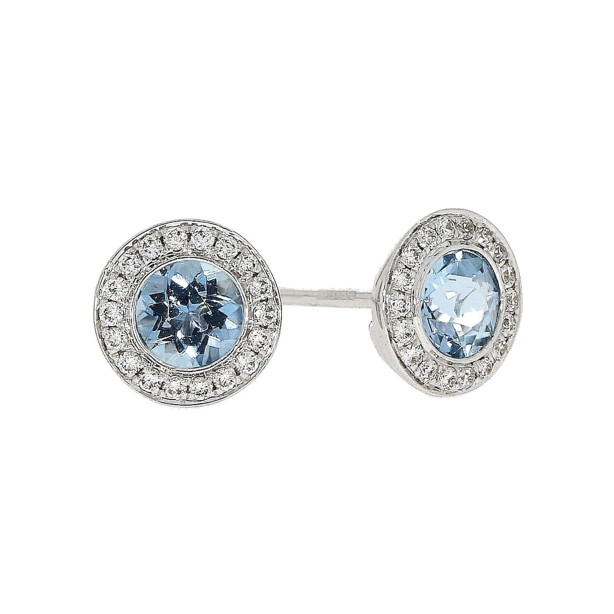18ct White Gold Round Aquamarine 0.52ct and Diamond .11ct Vintage Cluster Earrings