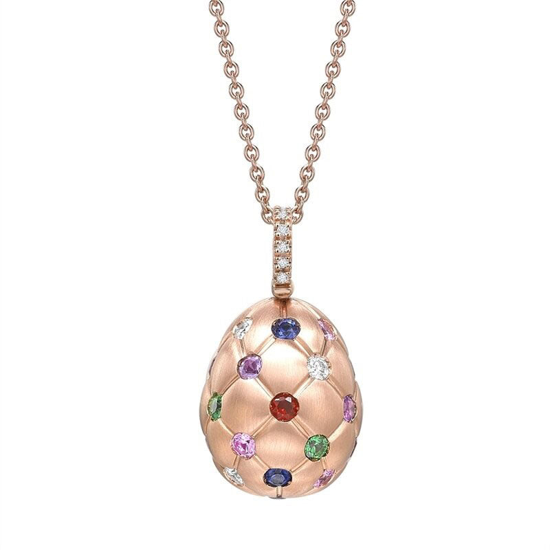 Faberge 18ct RG Brushed Treillage and Multicoloured Gemstone Set Egg Pendant on Rose Gold Trace Link Chain
