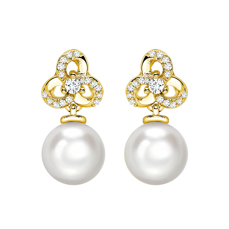 9ct Yellow Gold Pearl And Diamond Drop Earrings