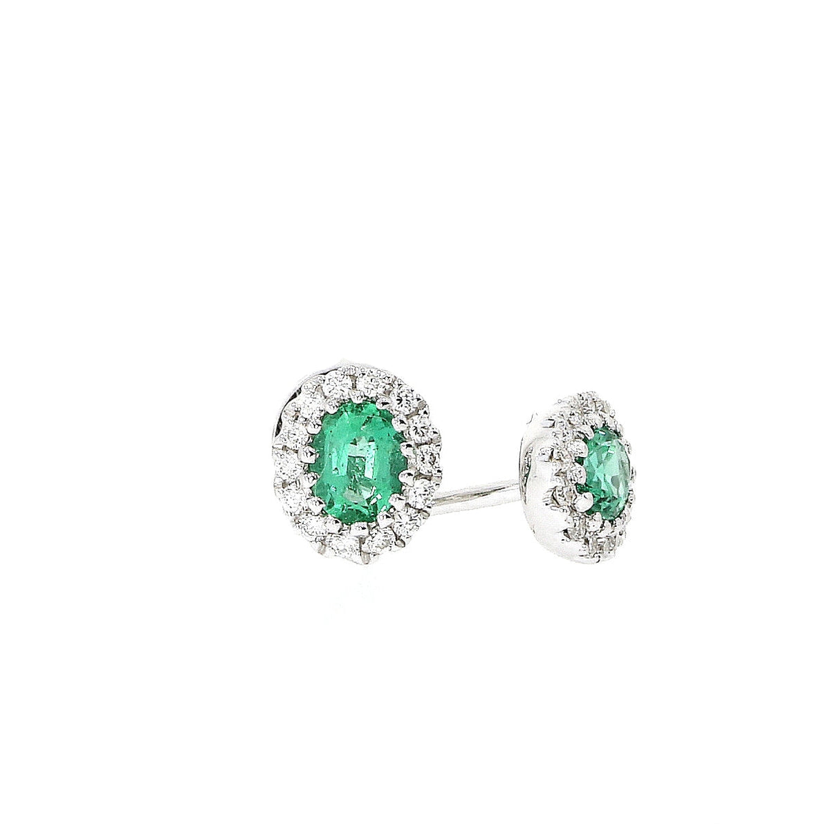 18ct White Gold Oval Emerald 0.34ct and Diamond .18ct Cluster Earrings