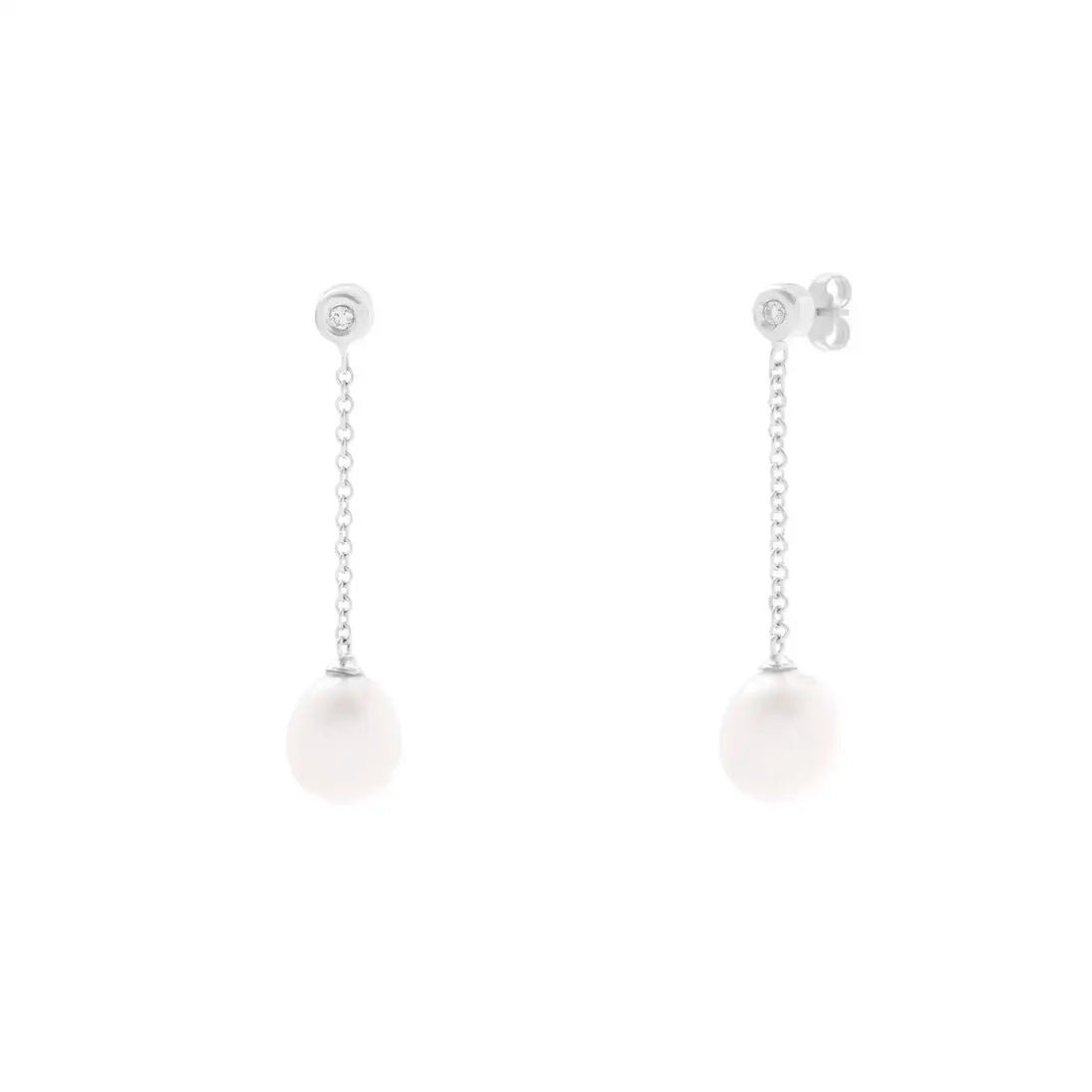 18ct White Gold Single White Pearl and Diamond Drop Earrings