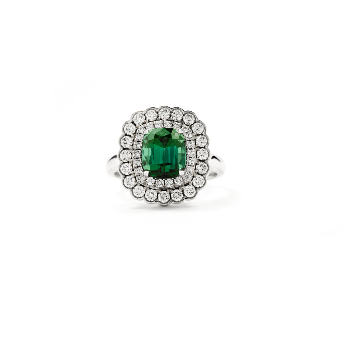 18ct White Gold Michael O&#39;Dwyer Green Cushion Cut Tourmaline and Diamond Double Halo Belle Ring