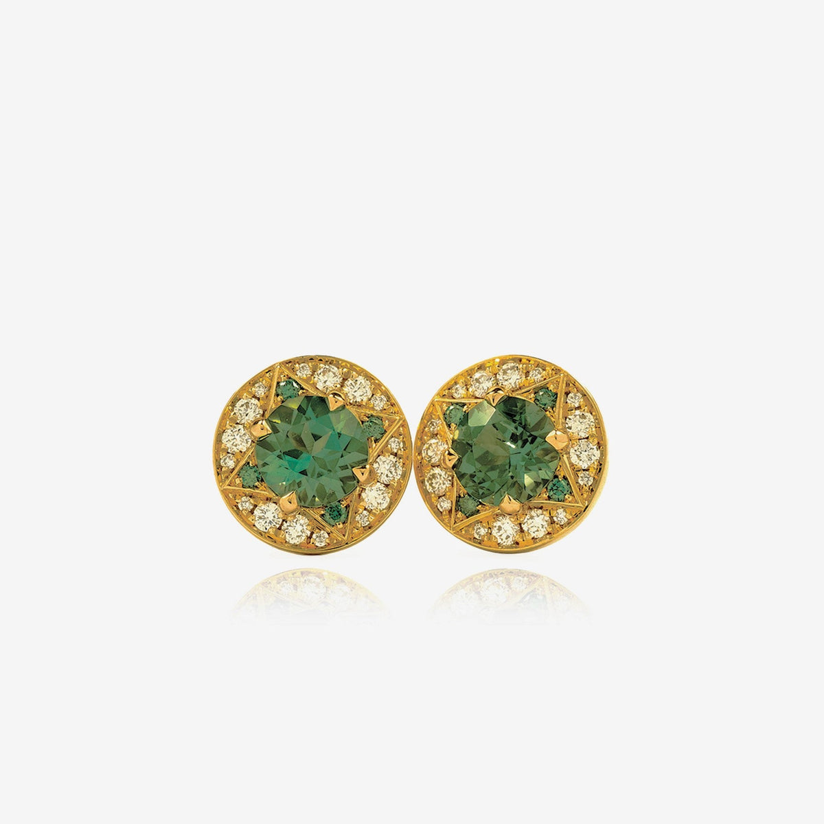 18ct Yellow Gold MOD Tourmaline 0.98ct and Green and White Diamond 0.22ct Compass Earrings