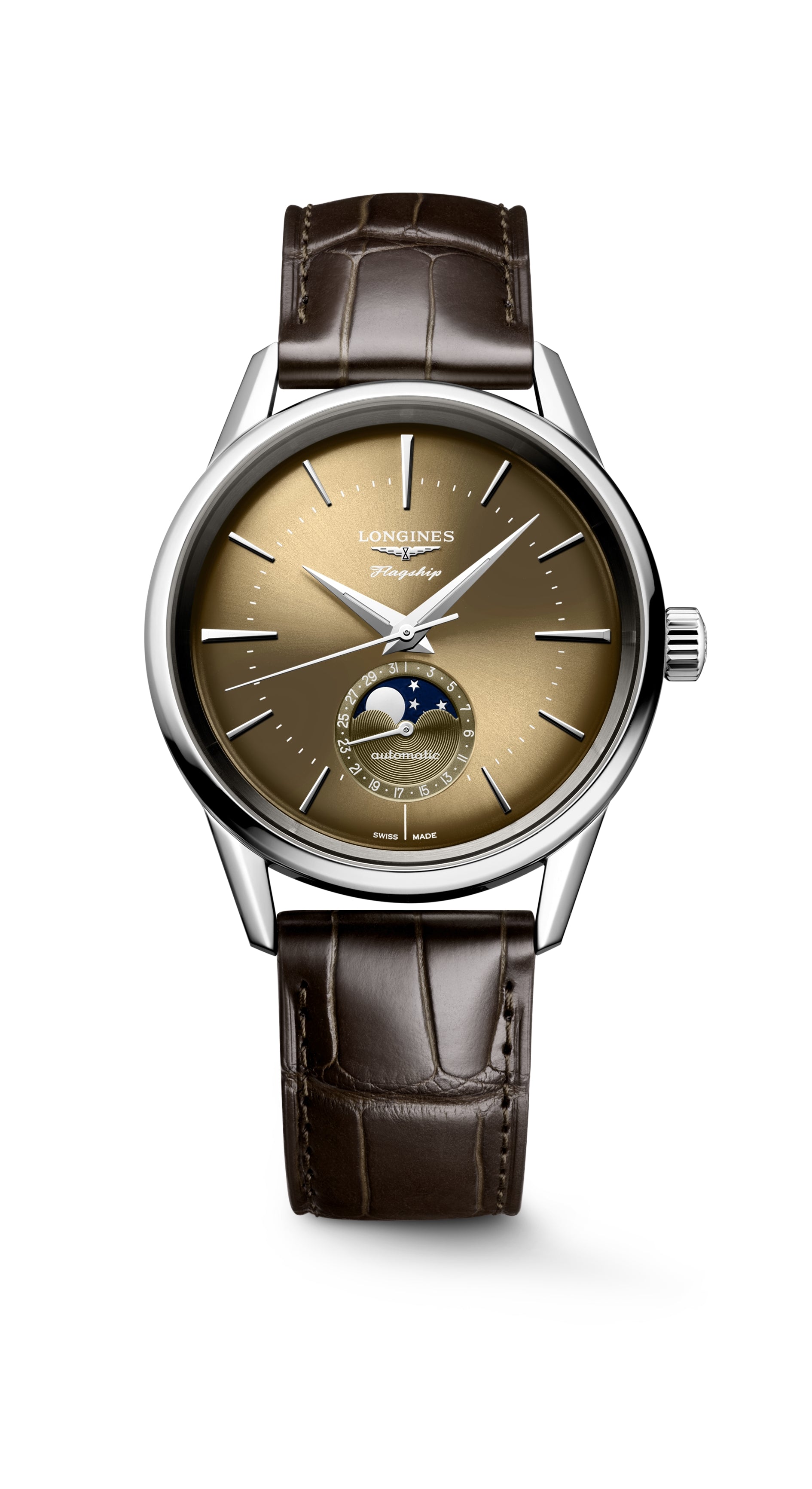 Gents Logines Flagship Heritage Moonphase 38.5mm Steel Brown Strap