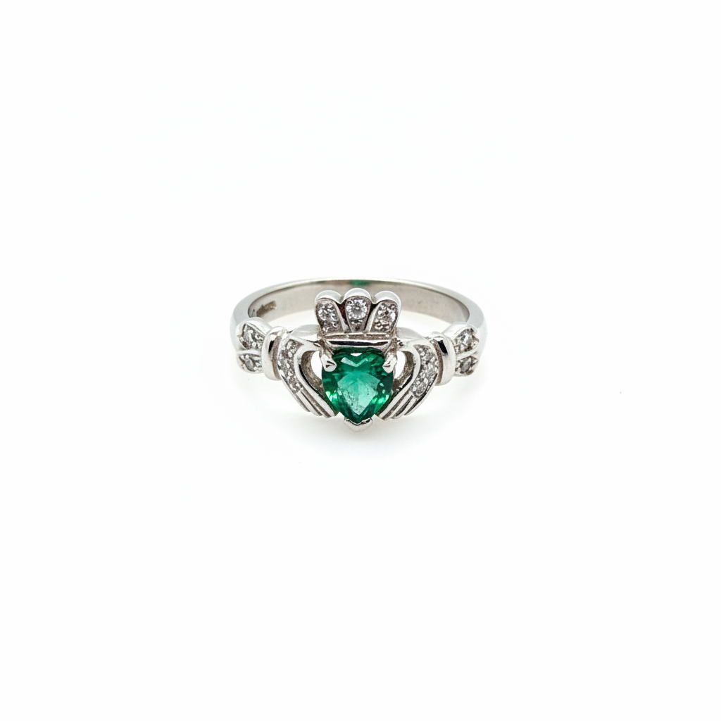 18ct White Gold Emerald and Diamond Set Claddagh Ring