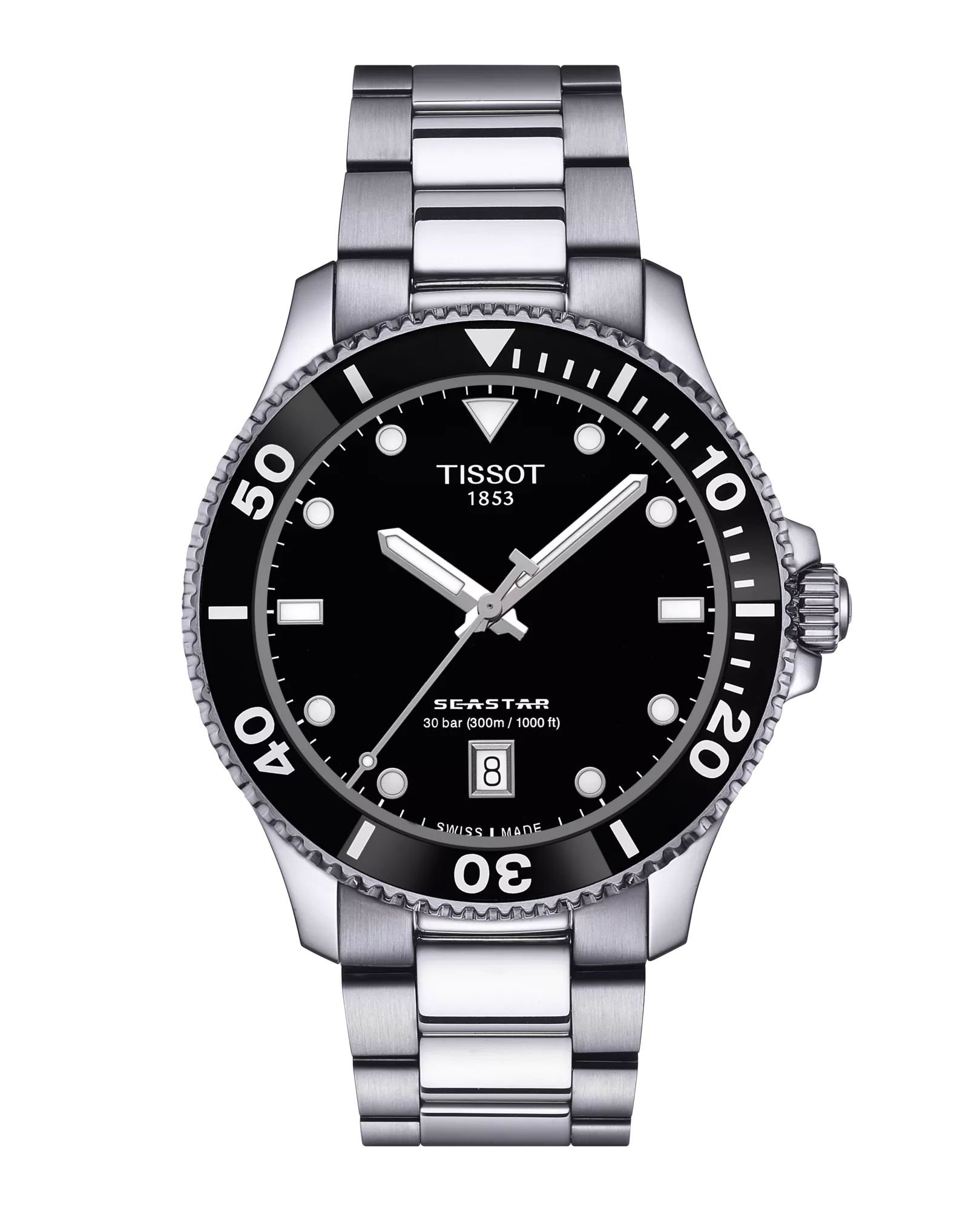 Gents Tissot Seastar 1000 40mm Qtz Steel Bracelet Black Bezel & Dial with Date  T120.410.11.051.00
