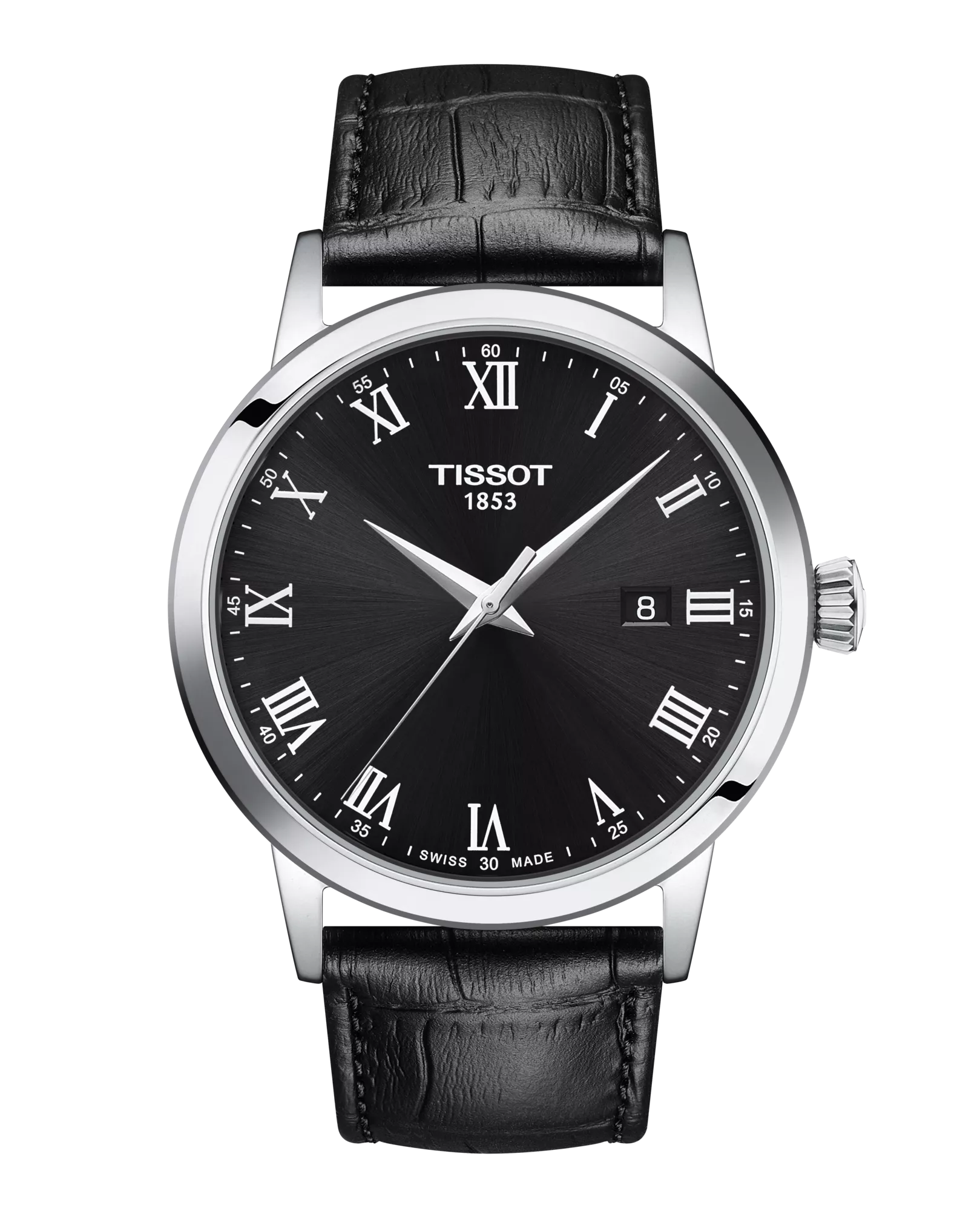 Gents Tissot T Classic Dream Steel Case Black Roman Numeral Dial with Date Black Strap