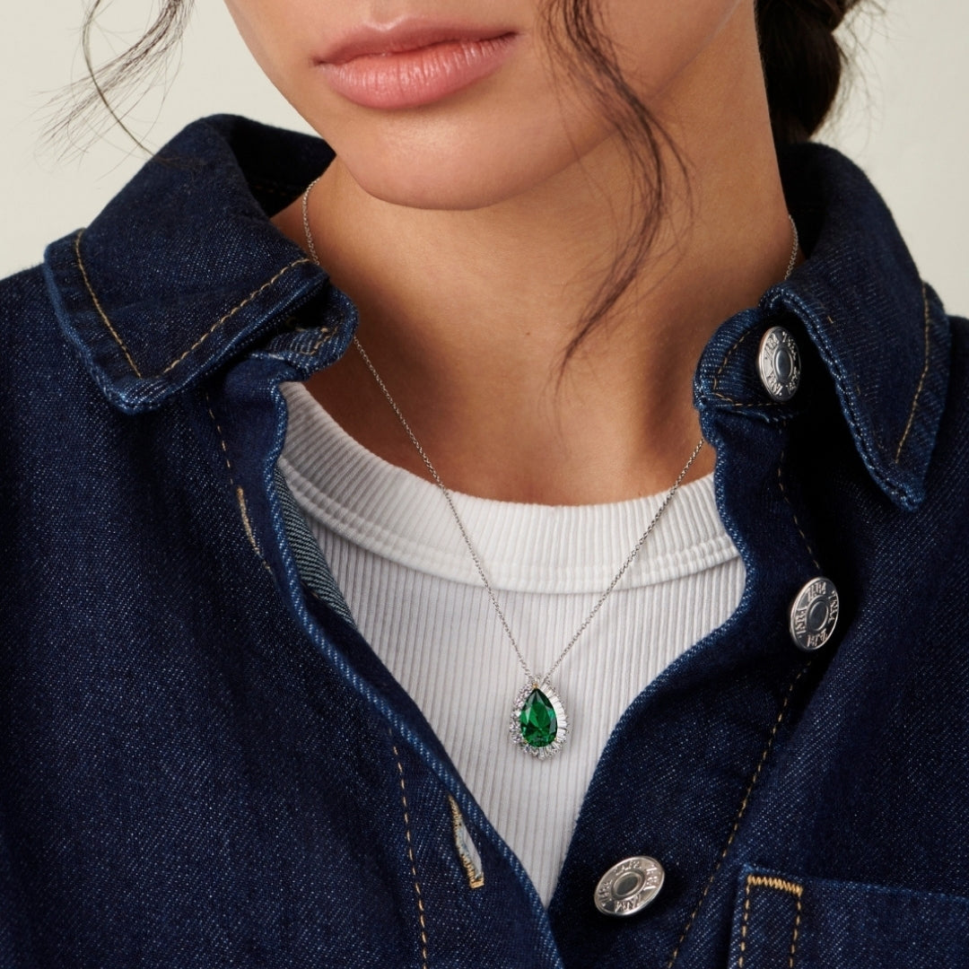 Carat London Silver Emerald Green Pear Cut Eleanor Pendant on Chain