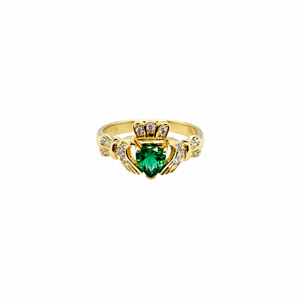 18ct Yellow Gold Emerald and Diamond Set Claddagh Ring