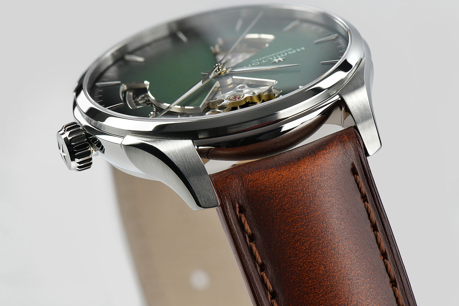 Hamilton Jazzmaster Open Heart Auto 44mm Green Dial Brown Strap