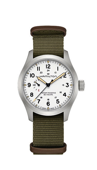 Hamilton Khaki Field Mechanical Power Reserve 40mm Steel White Dial Green Strap H69509910