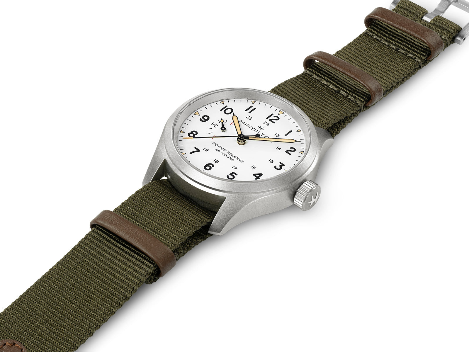 Hamilton Khaki Field Mechanical Power Reserve 40mm Steel White Dial Green Strap H69509910