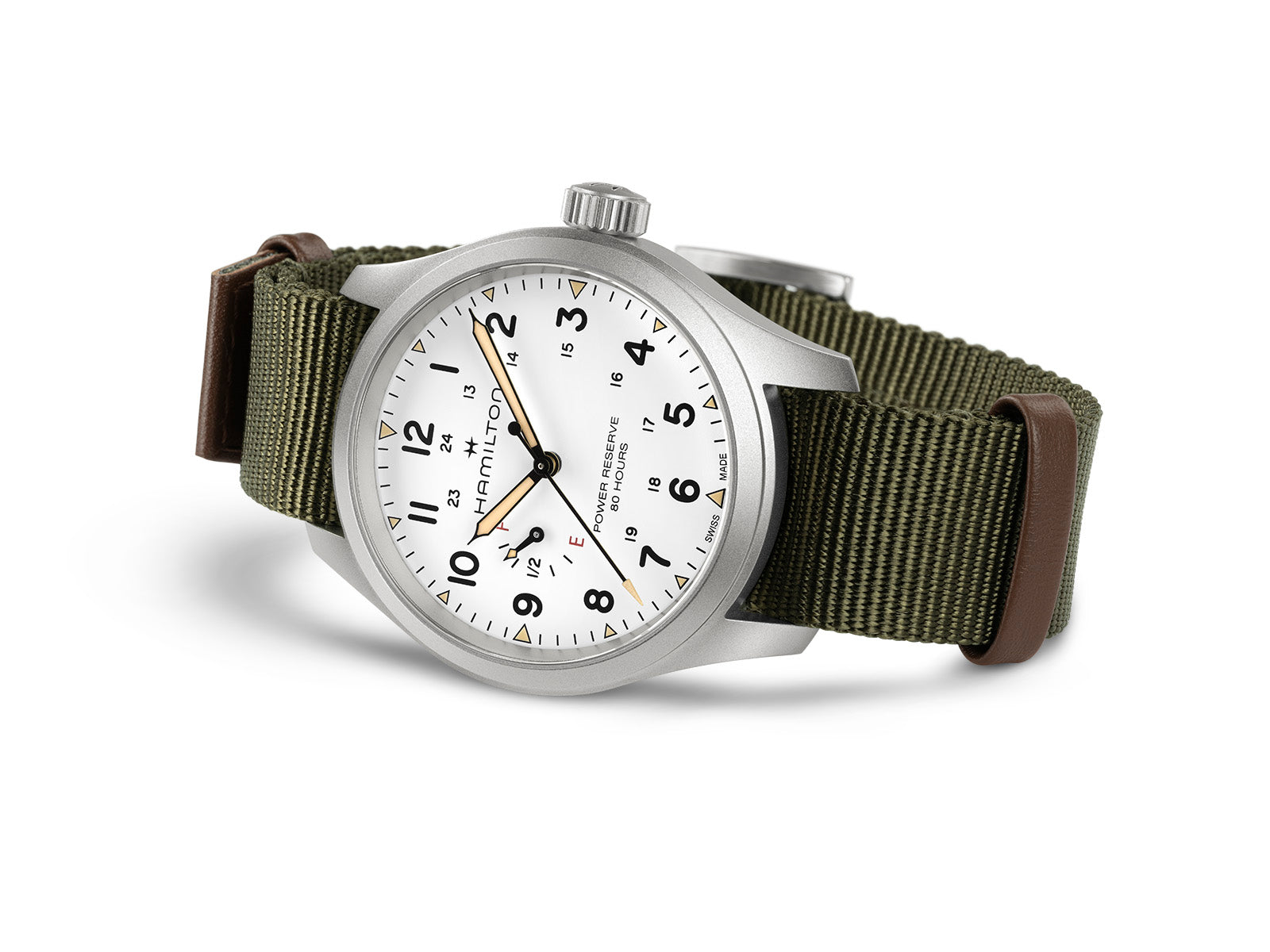 Hamilton Khaki Field Mechanical Power Reserve 40mm Steel White Dial Green Strap H69509910