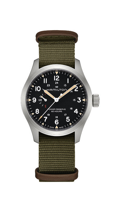 Hamilton Khaki Field Mechanical Power Reserve 40mm Steel Black Dial Green Strap H69509930