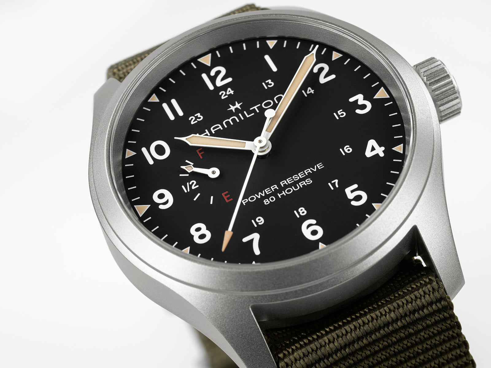 Hamilton Khaki Field Mechanical Power Reserve 40mm Steel Black Dial Green Strap H69509930
