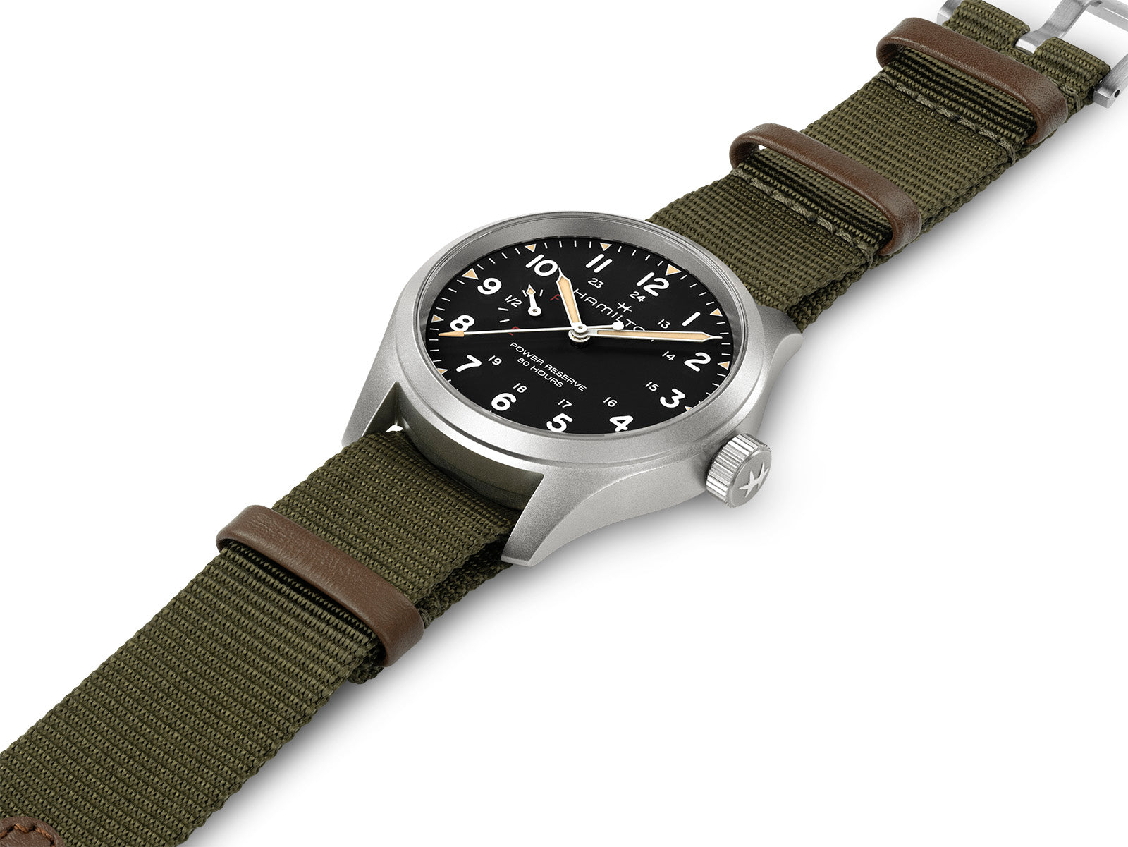 Hamilton Khaki Field Mechanical Power Reserve 40mm Steel Black Dial Green Strap H69509930