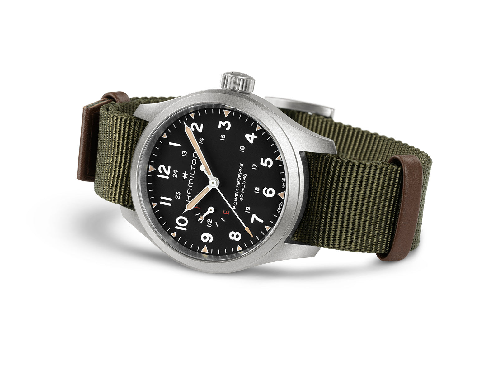 Hamilton Khaki Field Mechanical Power Reserve 40mm Steel Black Dial Green Strap H69509930