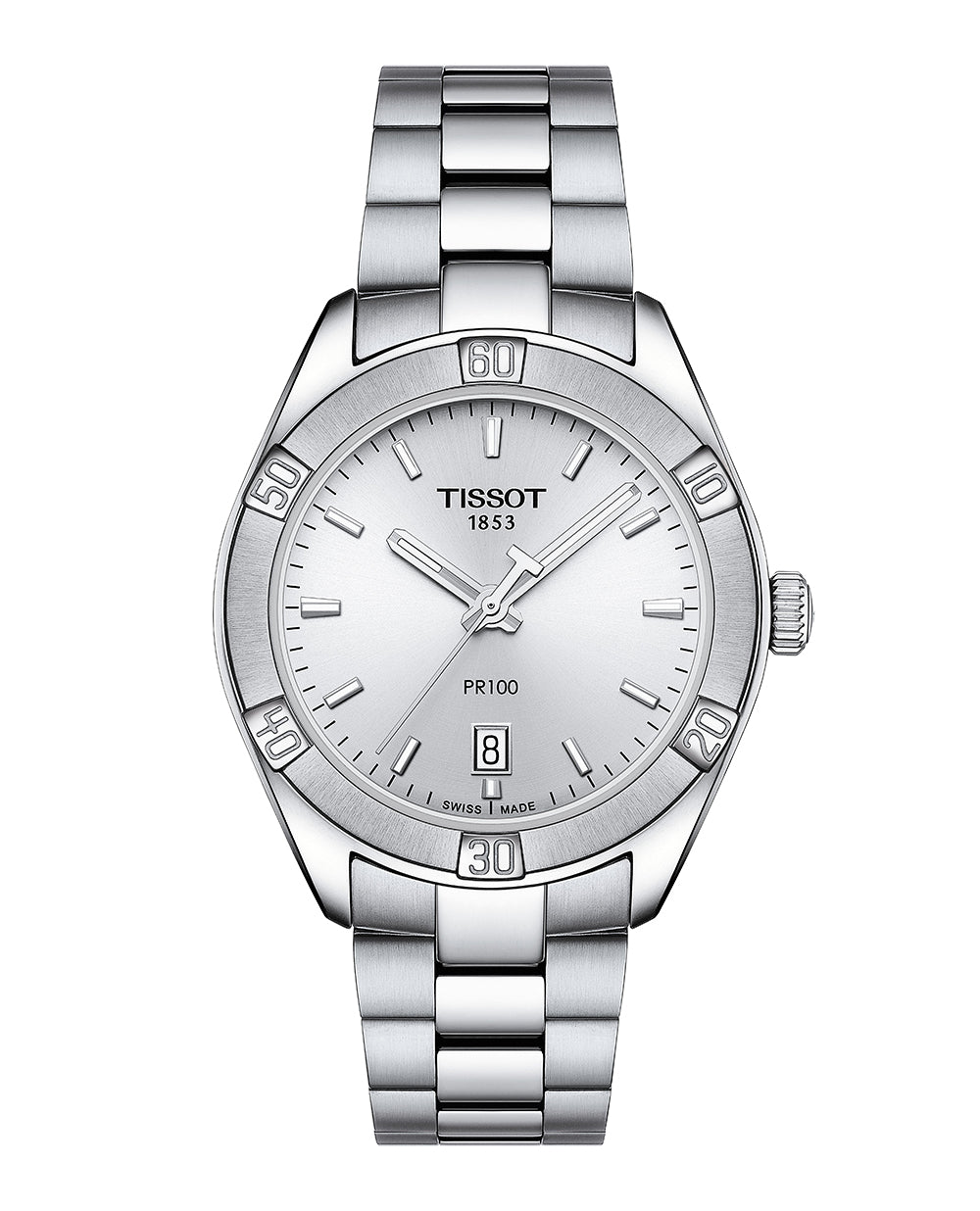 Ladies Tissot PR100 Sport Chic Steel Bracelet and Case silver Baton Dial Date 23.3mm