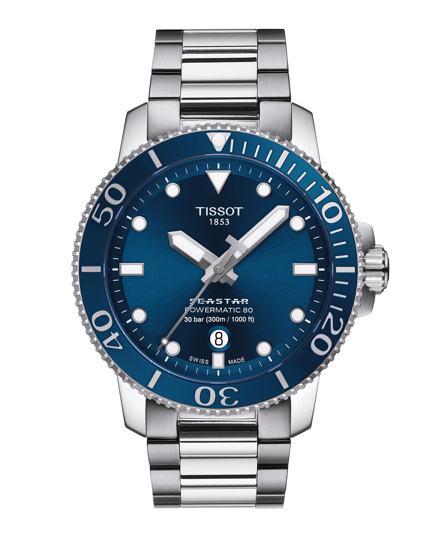 Gents Tissot T Sport Seastar 1000 Powermatic 80 Steel Bracelet Blue Dial and Bezel Date 300m