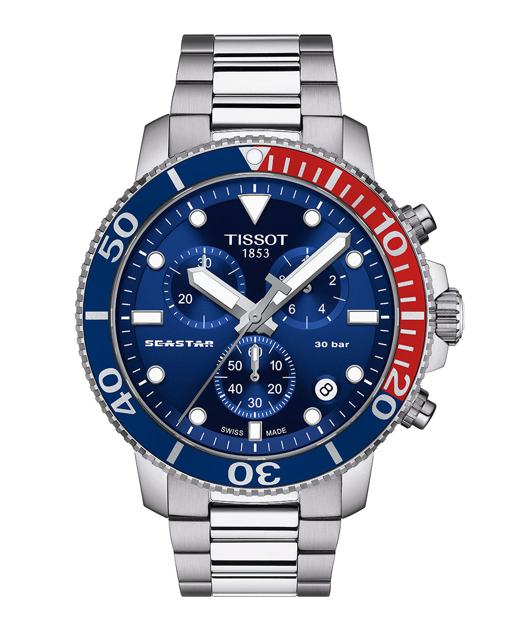 Gents Tissot T Sport Seastar 1000 Quartz Chronograph Steel Bracelet Blue Dial Red and Blue Bezel Date 300m