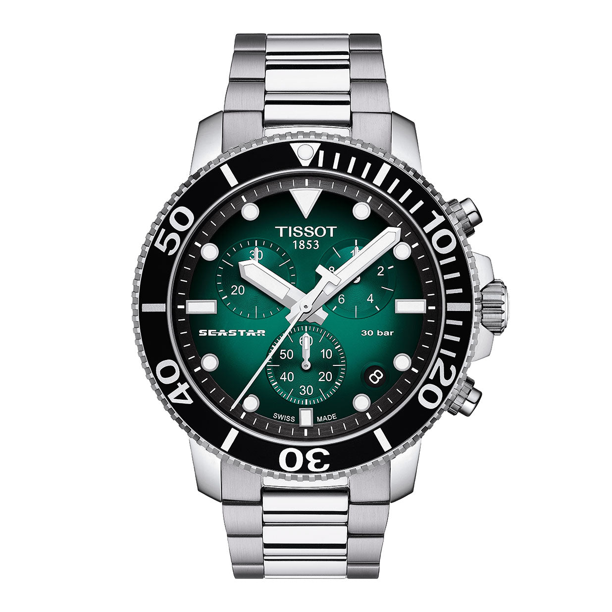 Gents Tissot T Sport Seastar 100 Quartz Chronograph Steel Case and Bracelet Green Dial with Date 300m T120.417.11.091.01