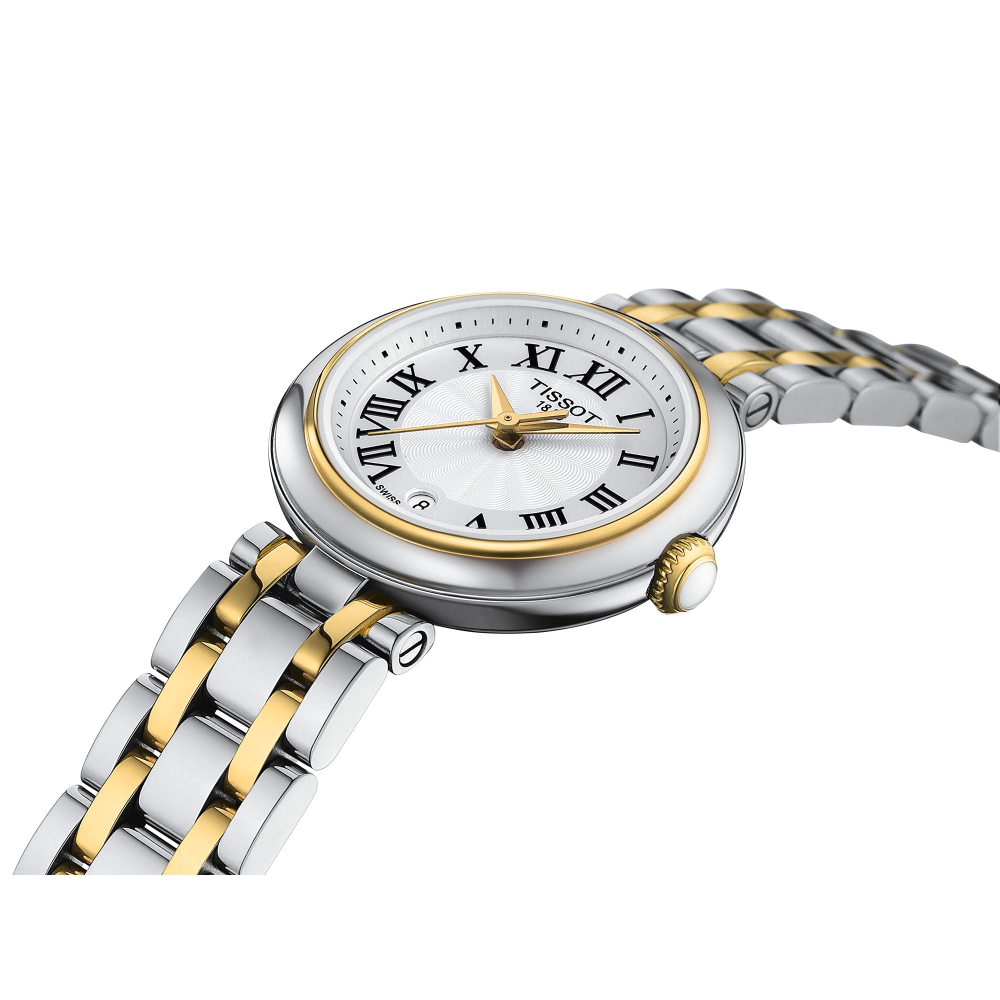 Ladies Tissot T Lady Bellissima Steel and Yellow Gold Plated Silver Roman Numeral Dial with Date