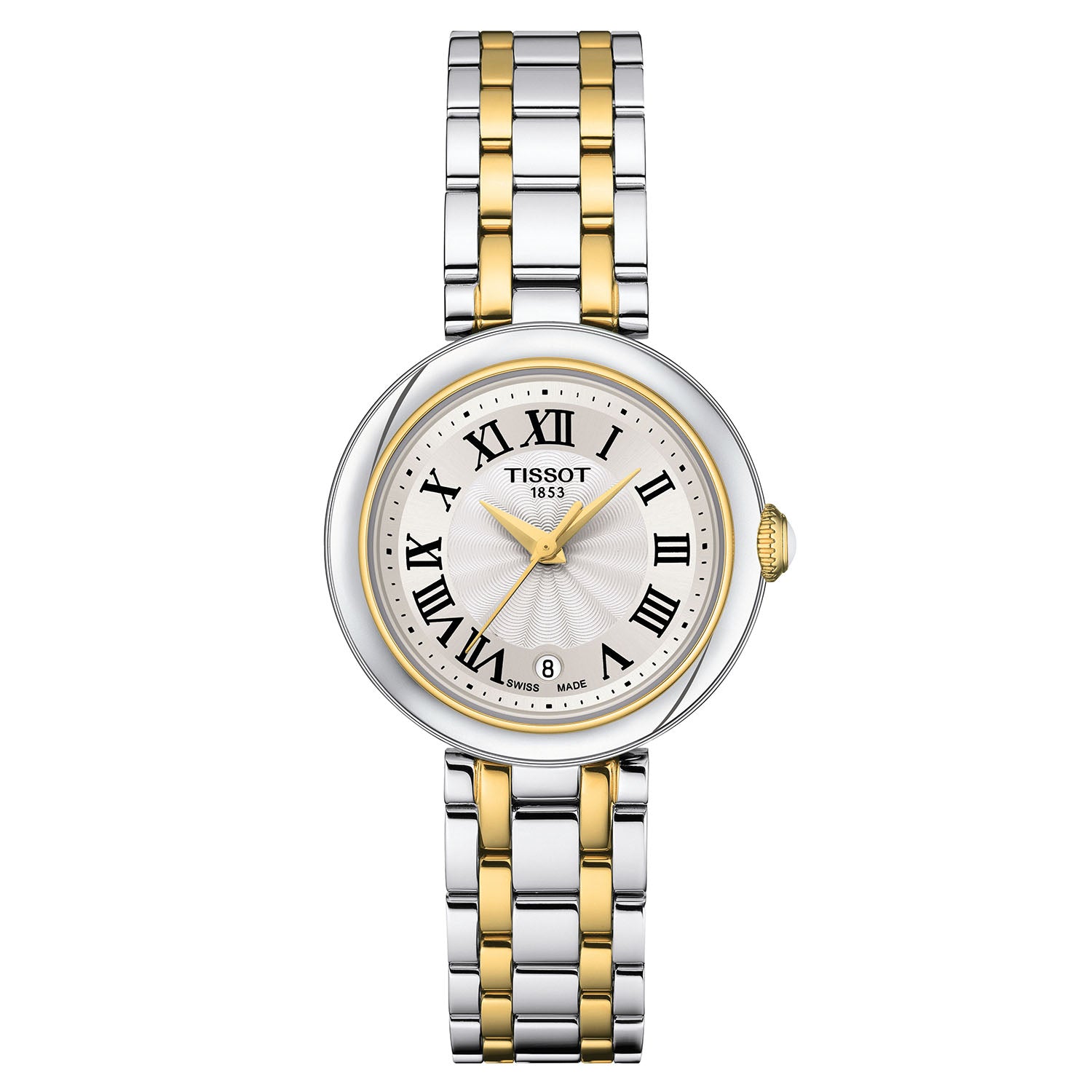 Ladies Tissot T Lady Bellissima Steel and Yellow Gold Plated Silver Roman Numeral Dial with Date