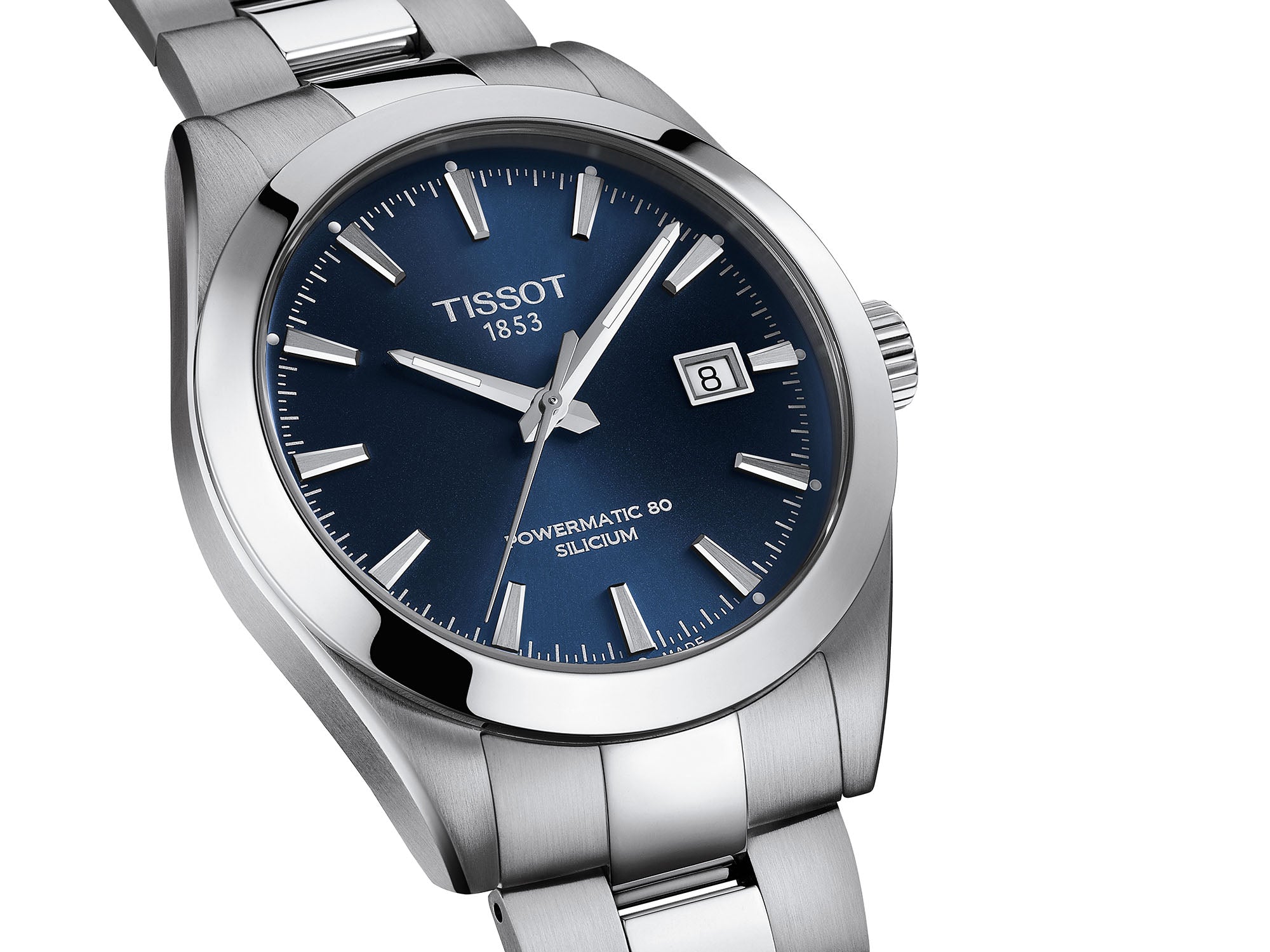 Gents Tissot Gentleman Powermatic 80 Silicium Steel Bracelet Blue Baton Dial Date