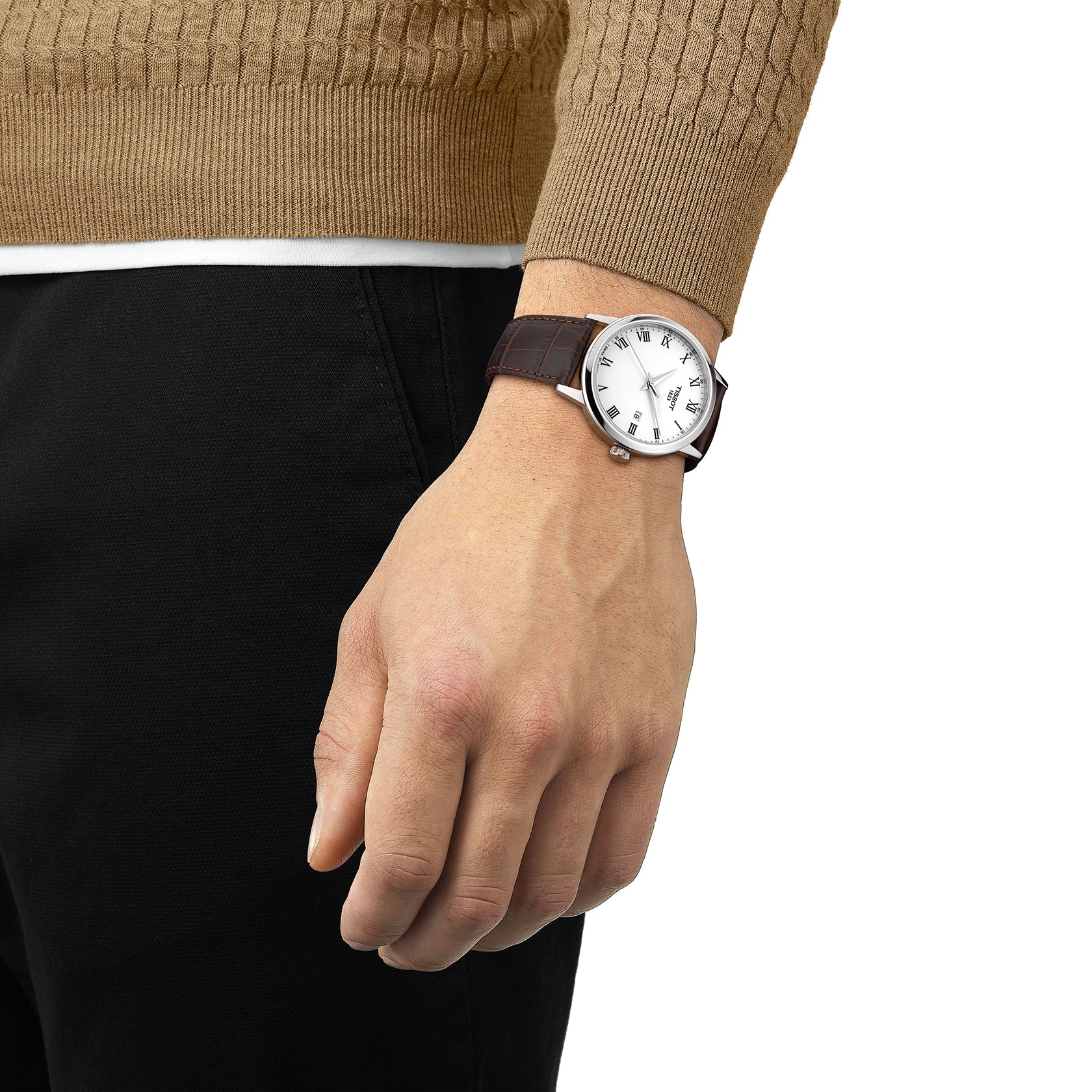 Gents Tissot Classic Dream Steel Case Brown Strap White Roman Dial