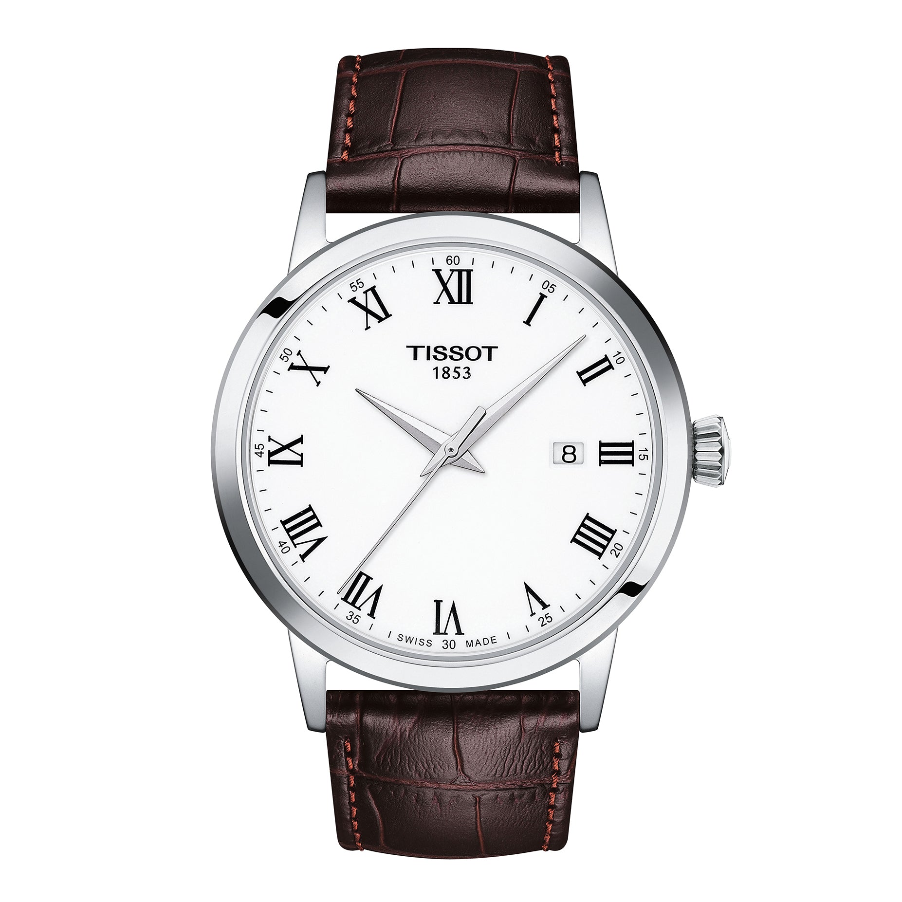 Gents Tissot Classic Dream Steel Case Brown Strap White Roman Dial