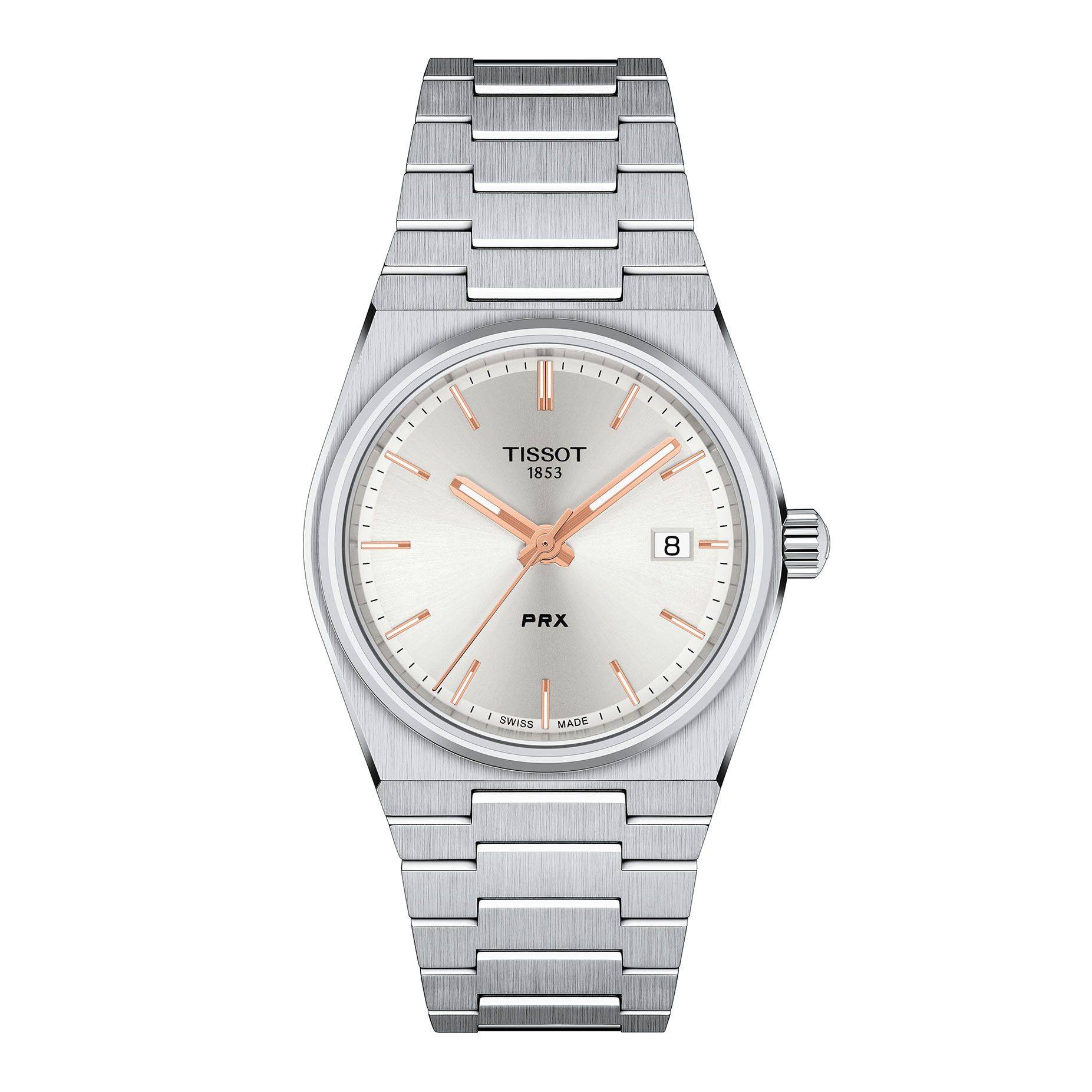 Tissot T Classic PRX Unisex 35mm Steel Caes and Bracelet Silver Dial with Rose Coloured Batons Date