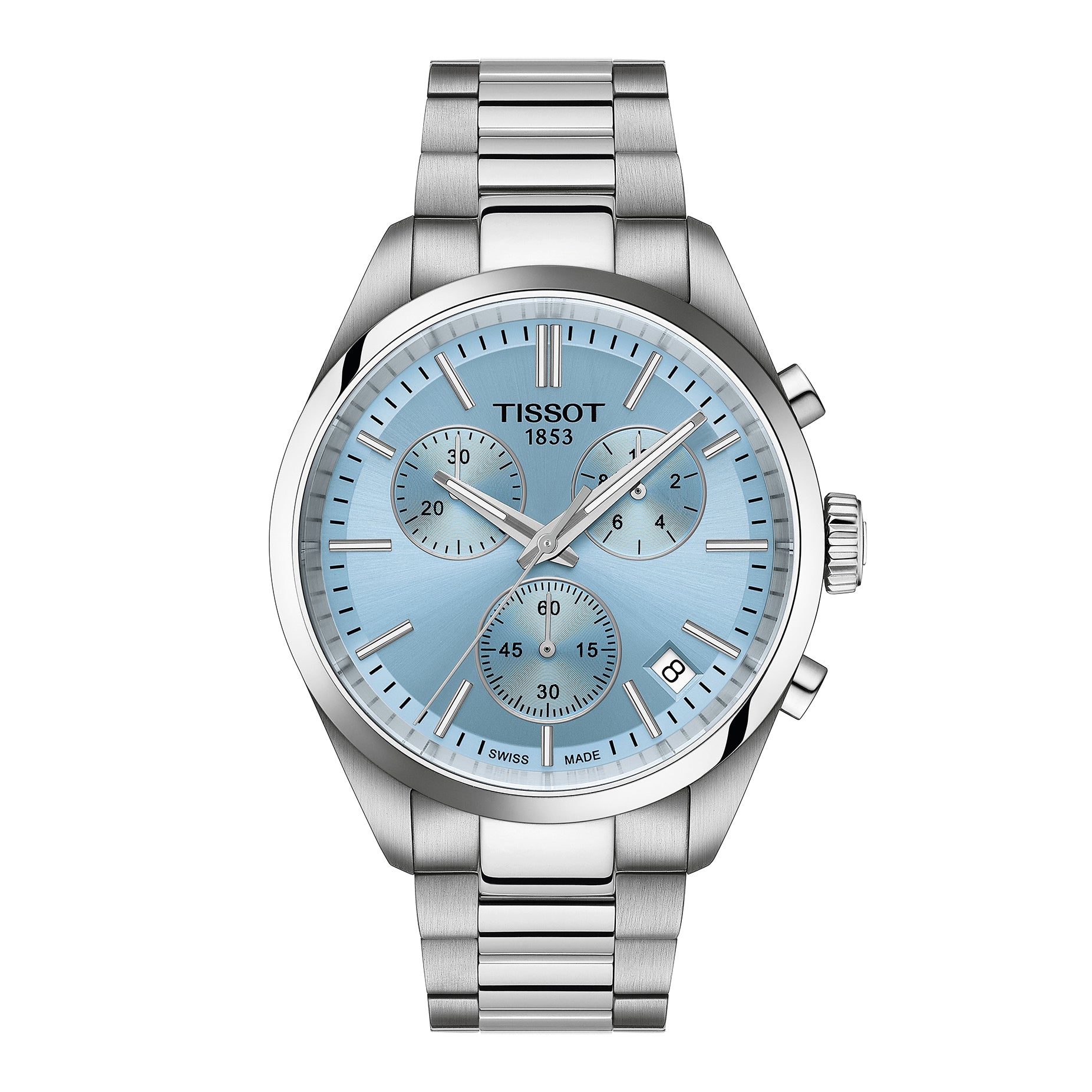 Gents Tissot PR 100 Chronograph Steel Bracelet Ice Blue Dial Date