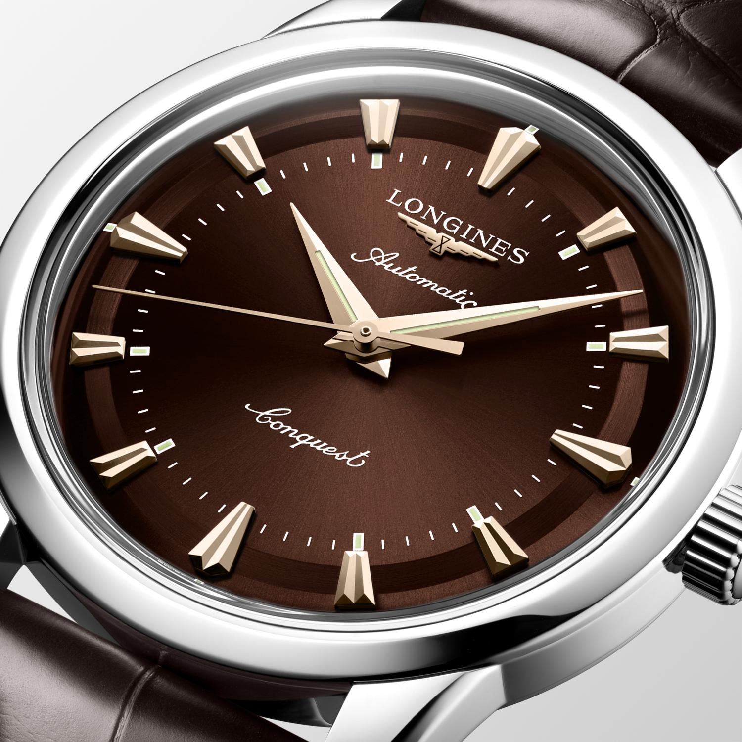 Gents Longines Conquest Auto 38mm Steel on Brown Strap Brown Dial