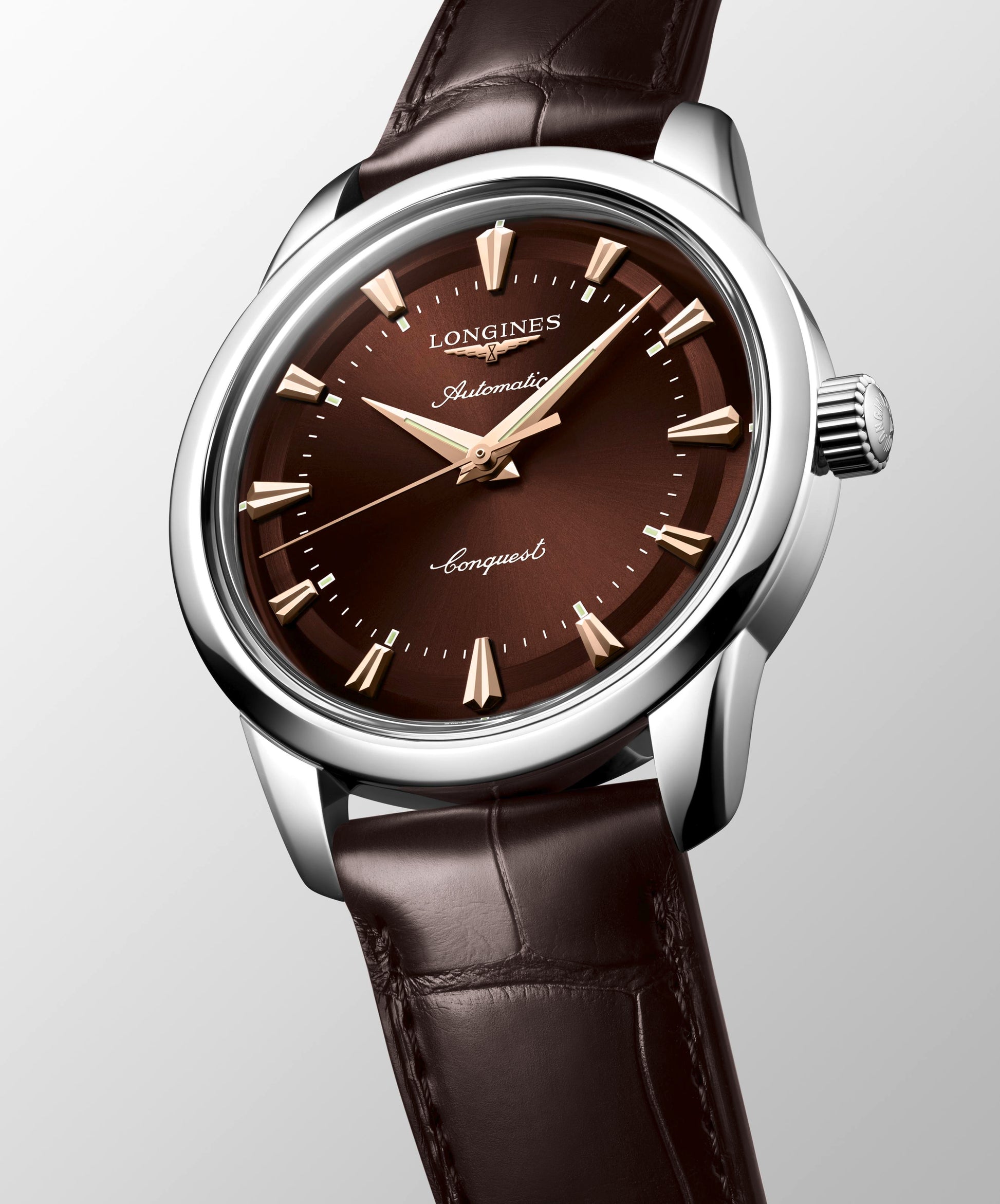 Gents Longines Conquest Auto 38mm Steel on Brown Strap Brown Dial