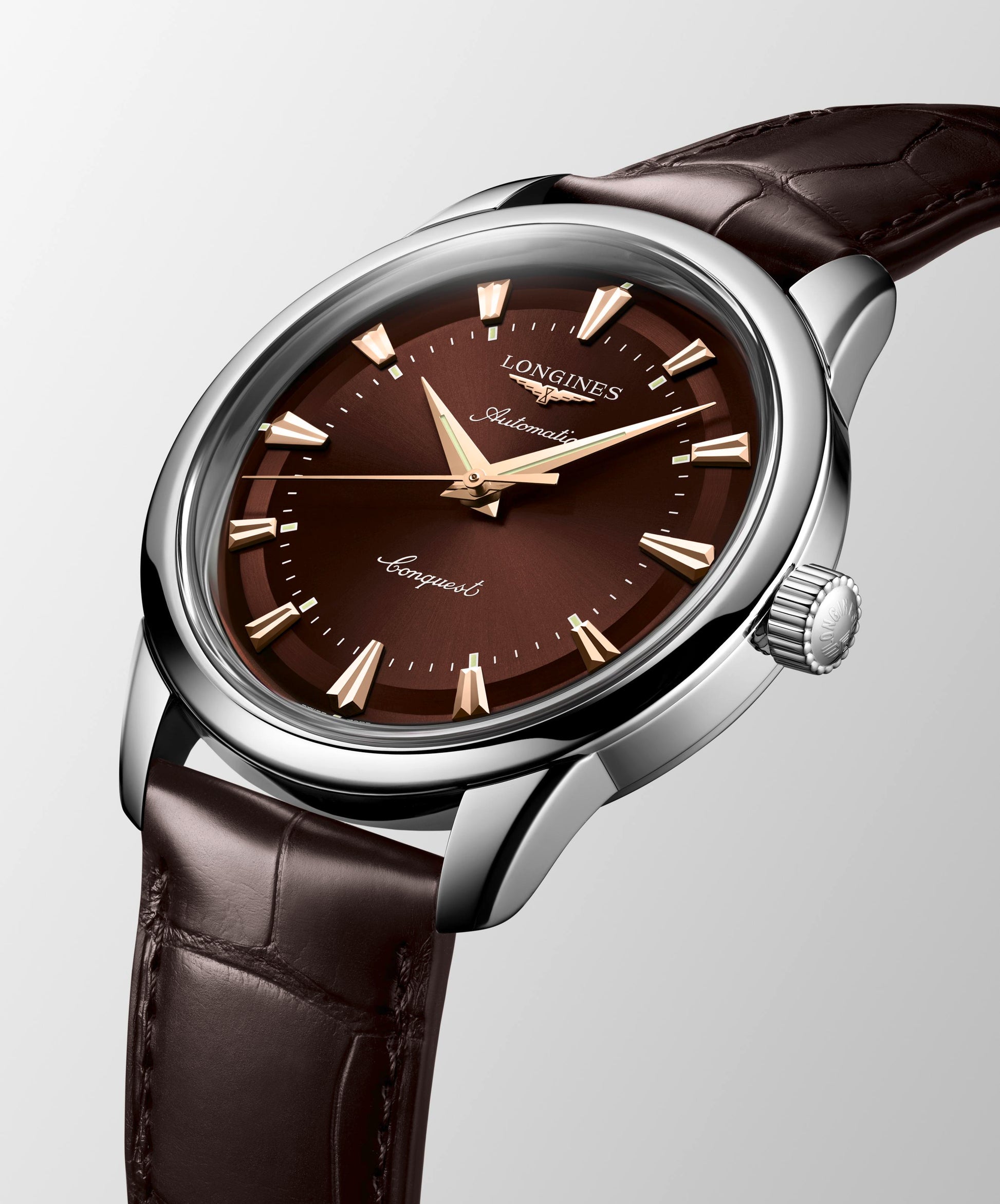 Gents Longines Conquest Auto 38mm Steel on Brown Strap Brown Dial