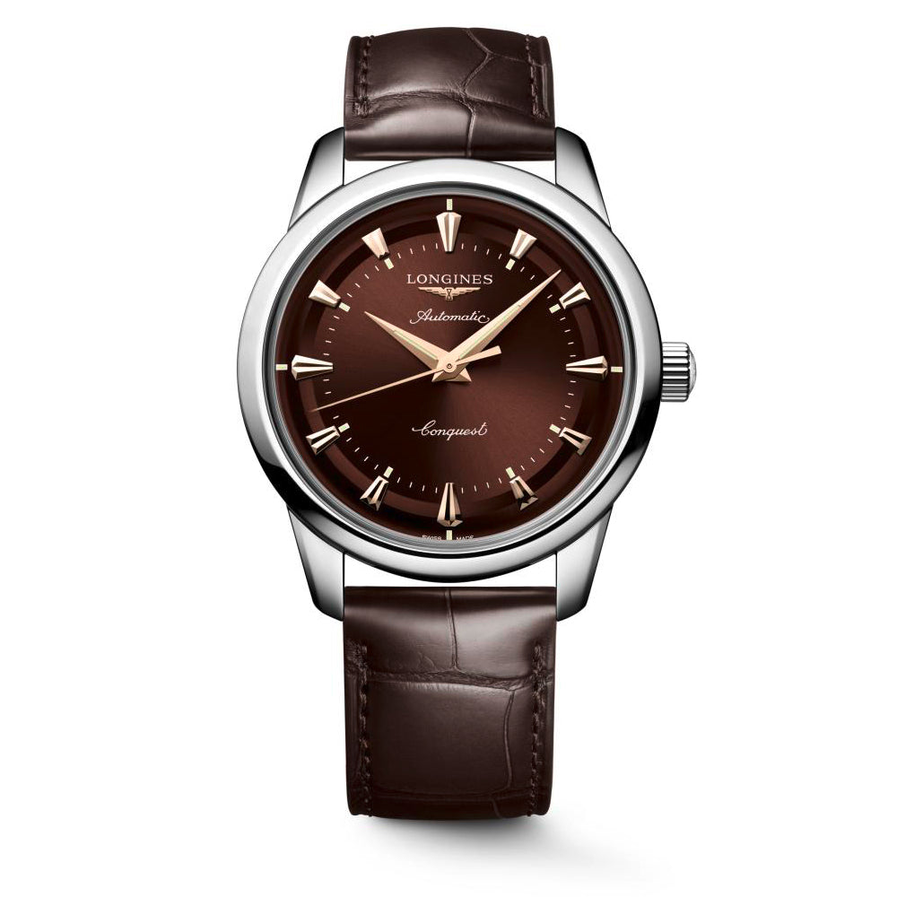 Gents Longines Conquest Auto 38mm Steel on Brown Strap Brown Dial