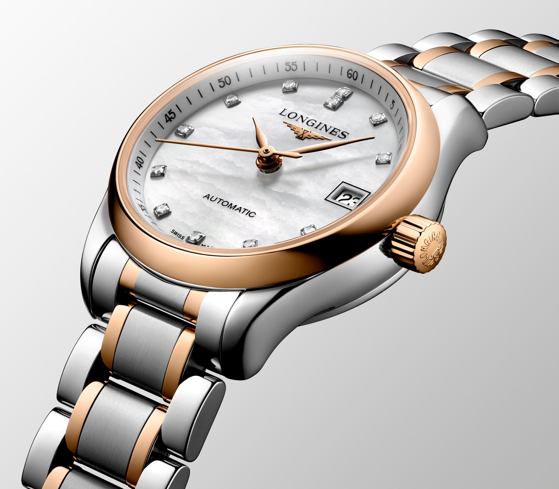 Ladies Longines Master Colleciton 25.5mm Auto Stl/RG PVD MOP Dia Dial