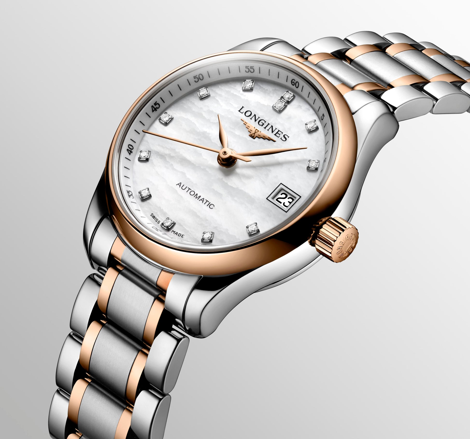 Ladies Longines Master Colleciton 25.5mm Auto Stl/RG PVD MOP Dia Dial